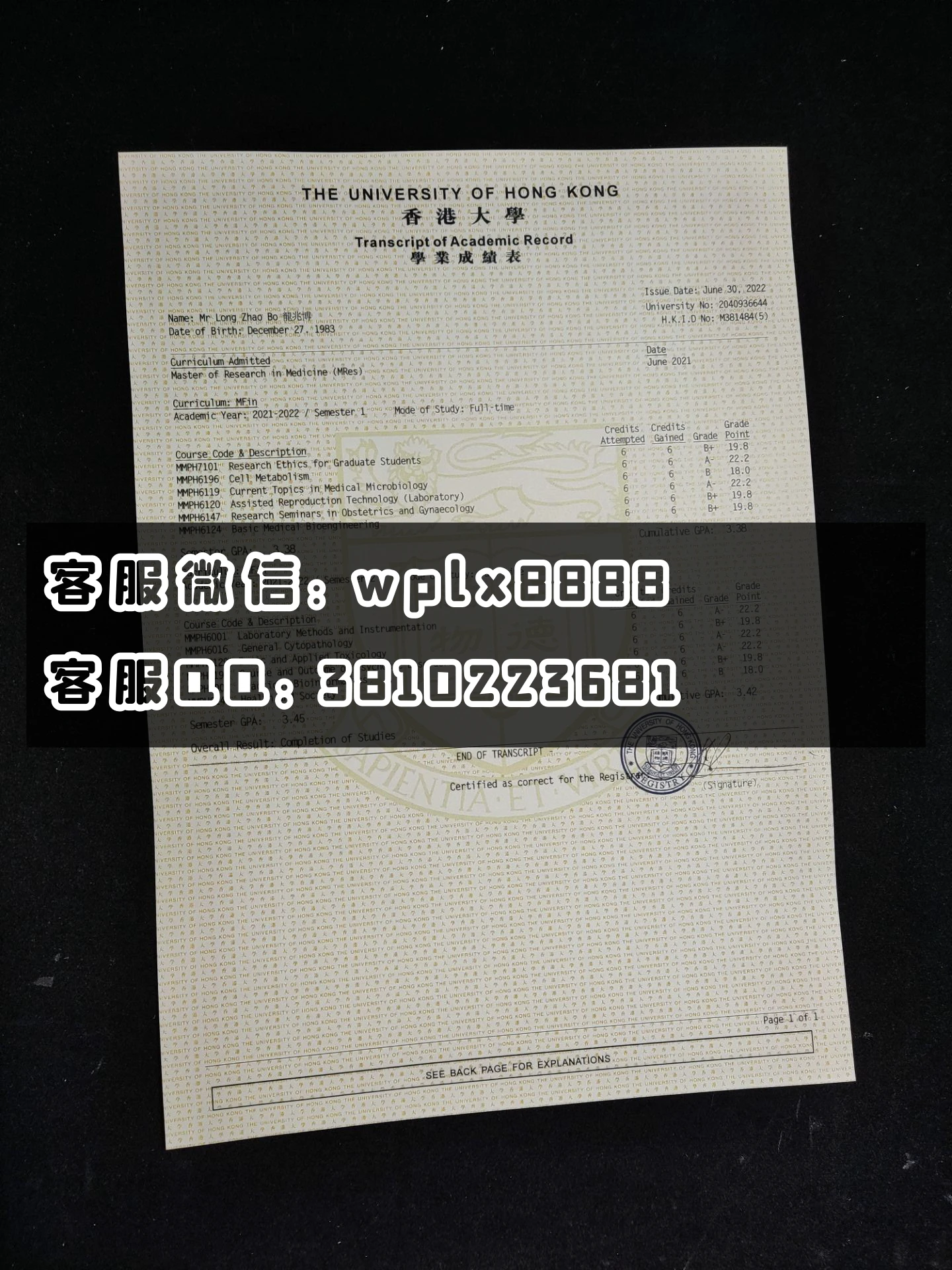 香港大学成绩单 2022 成品