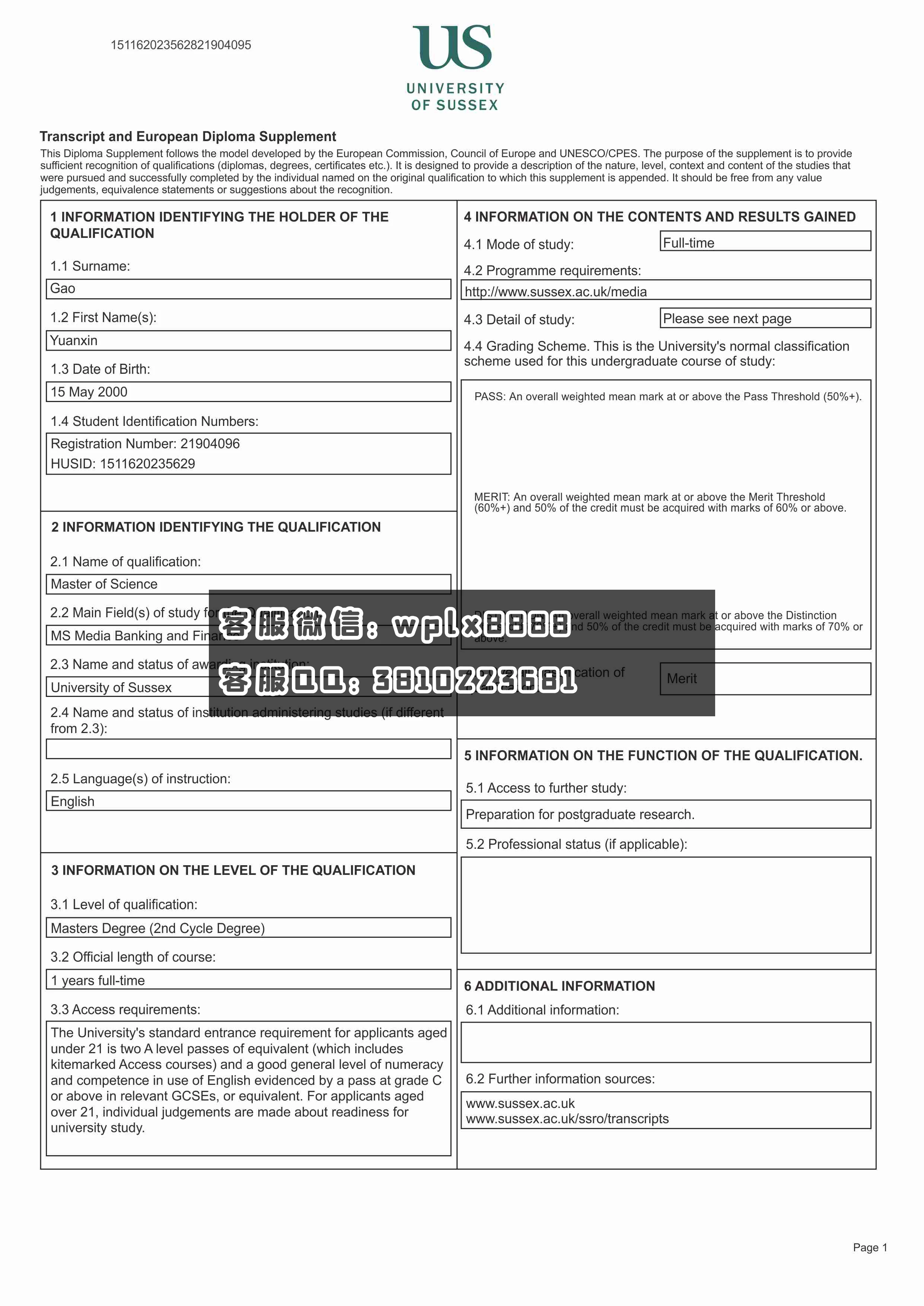 萨塞克斯大学   成绩单-T1