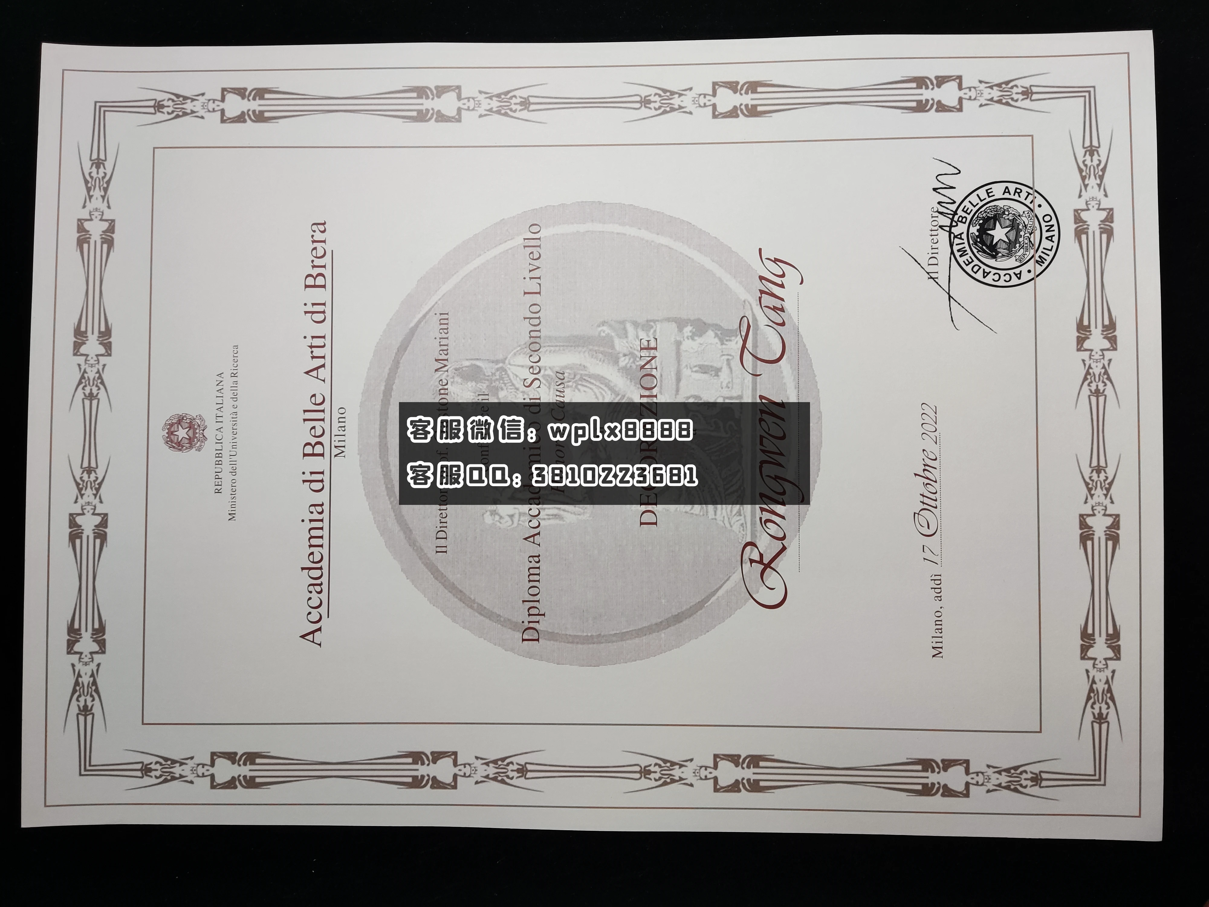 意大利米兰布雷拉美术学院毕业证 成品Rongwen Tang-C