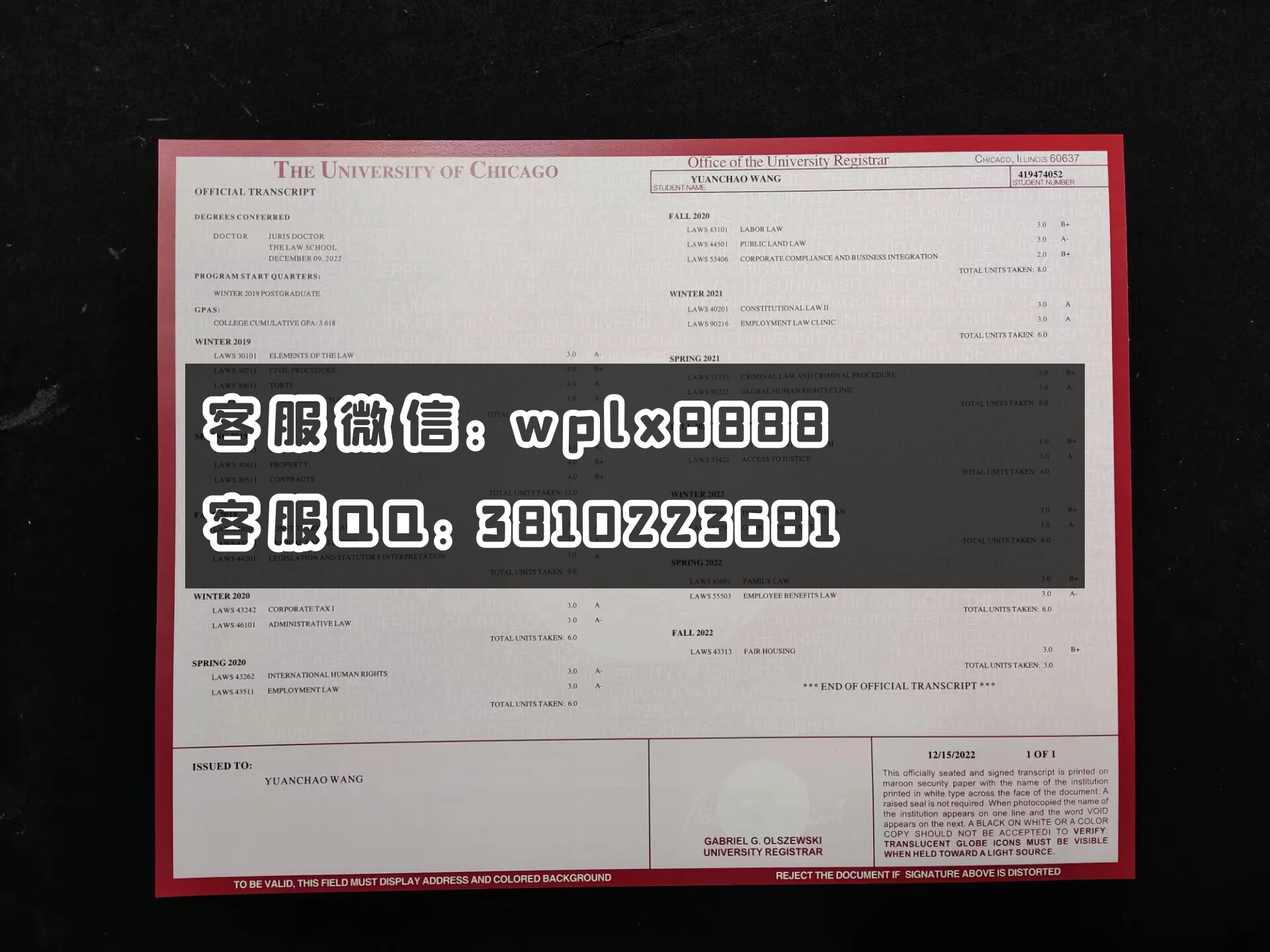 芝加哥大学成绩单 成品