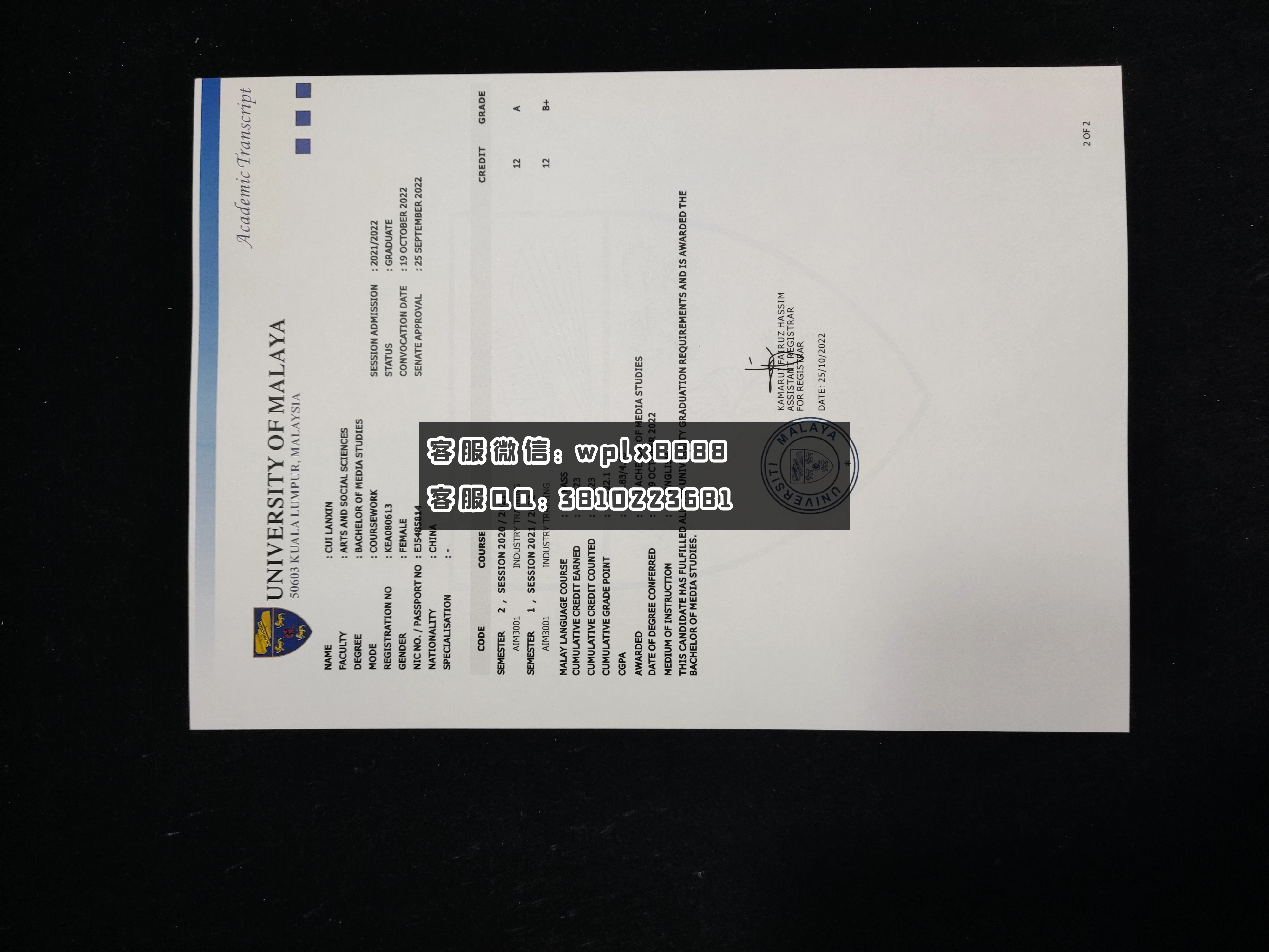 马来亚大学成绩单 成品21010
