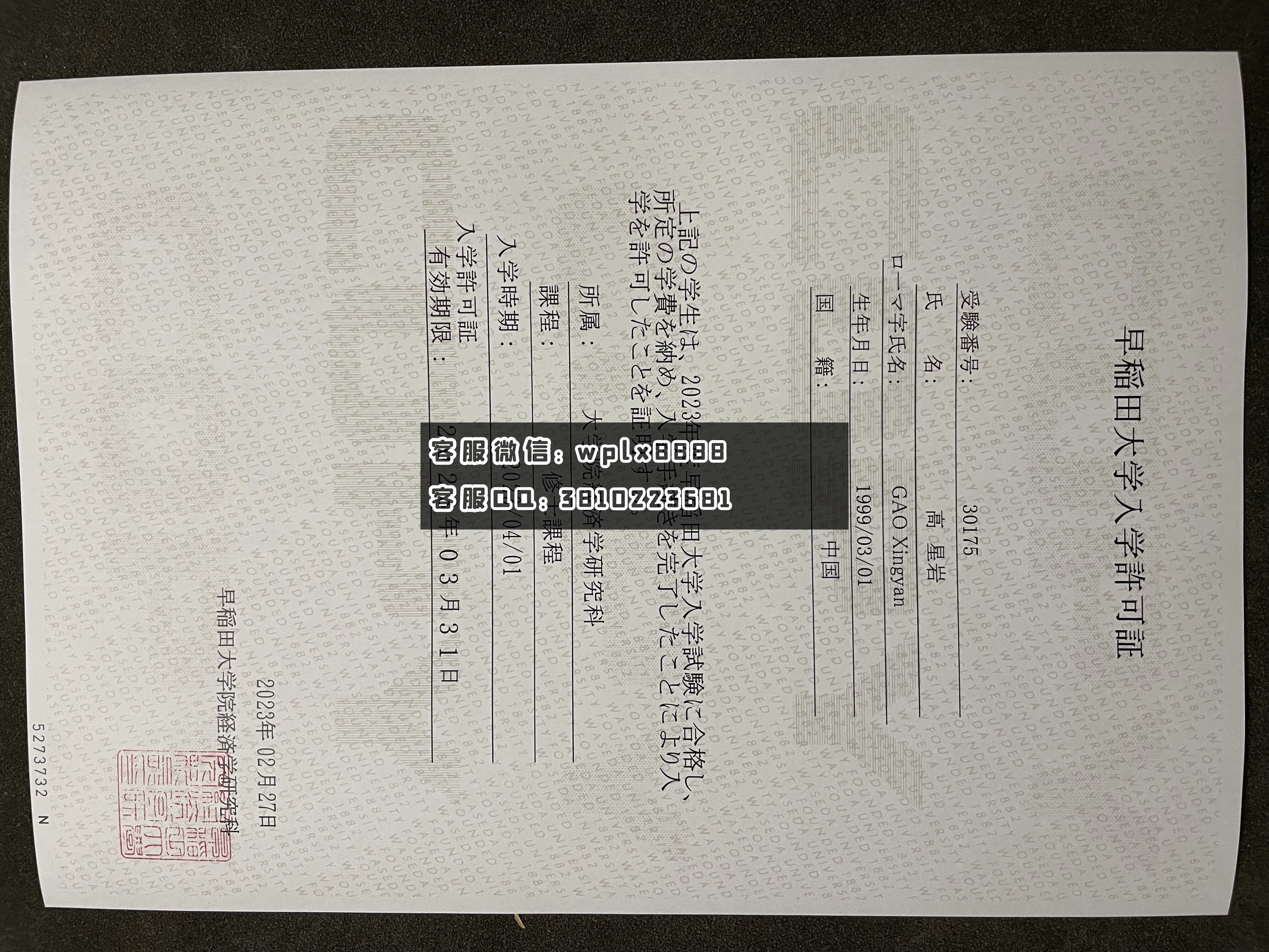 日本早稻田大学成绩单-录取通知书  成品