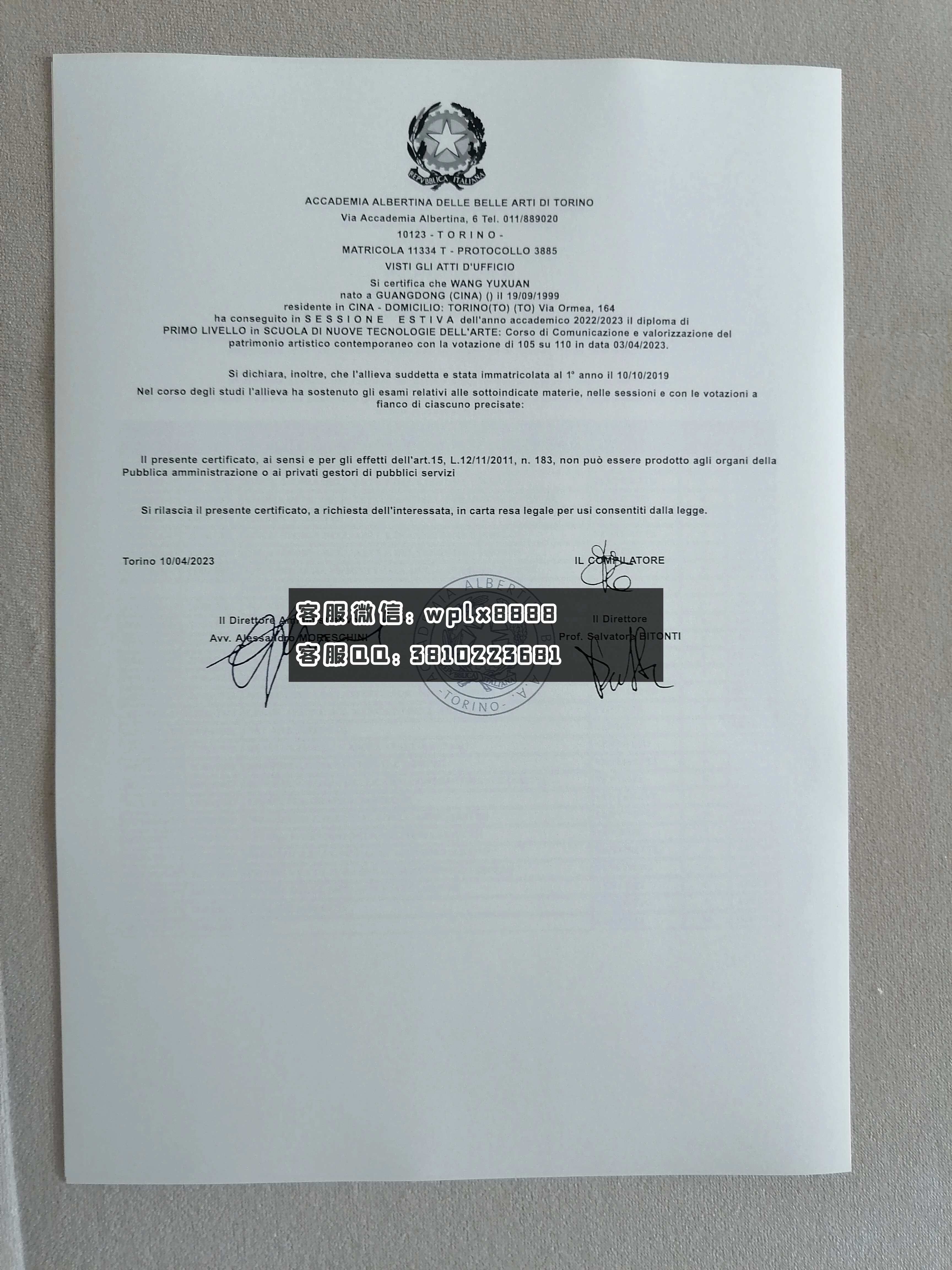 意大利都灵美院成绩单 成品2 0914