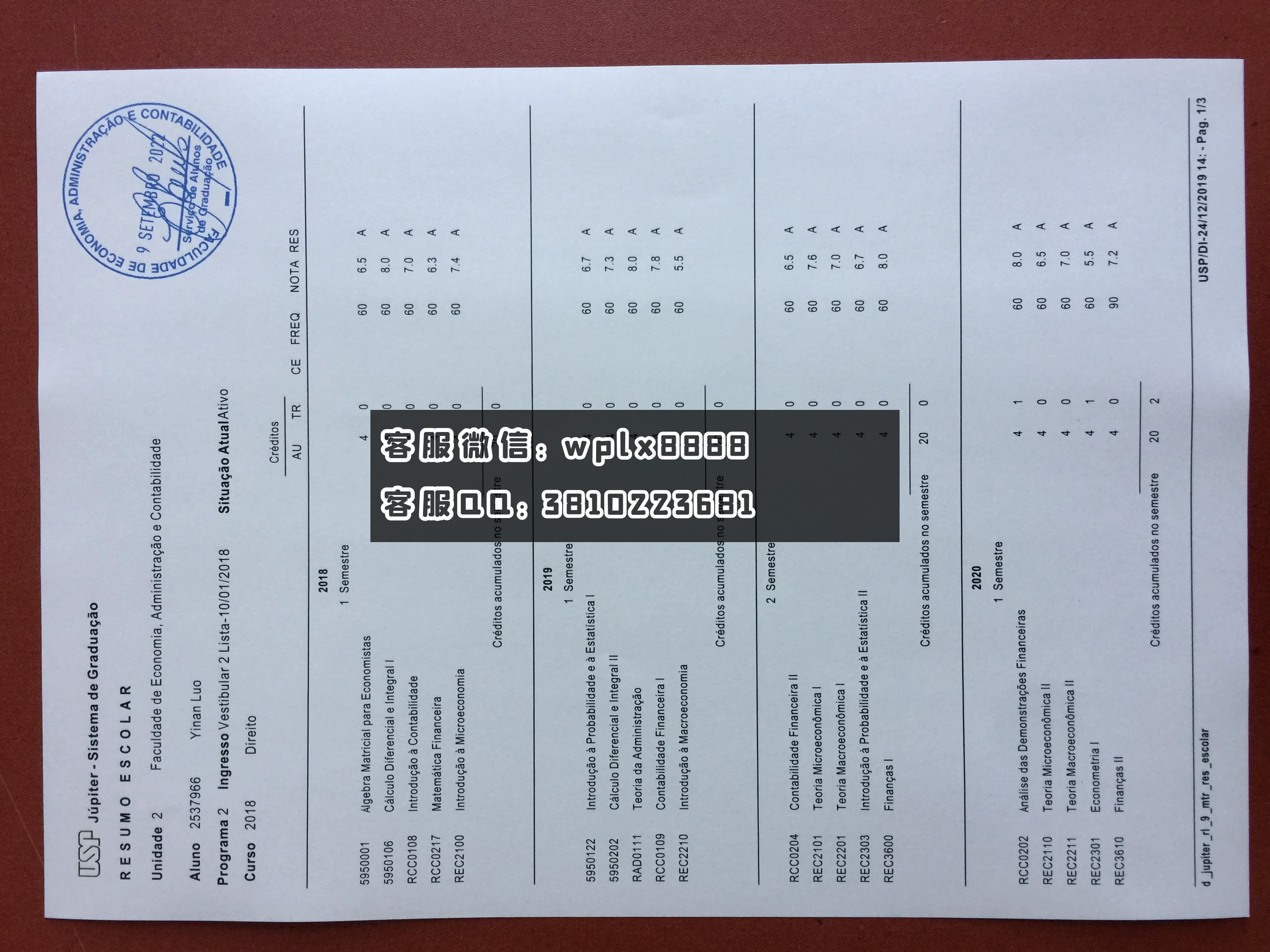 巴西圣保罗大学 成绩单成品1