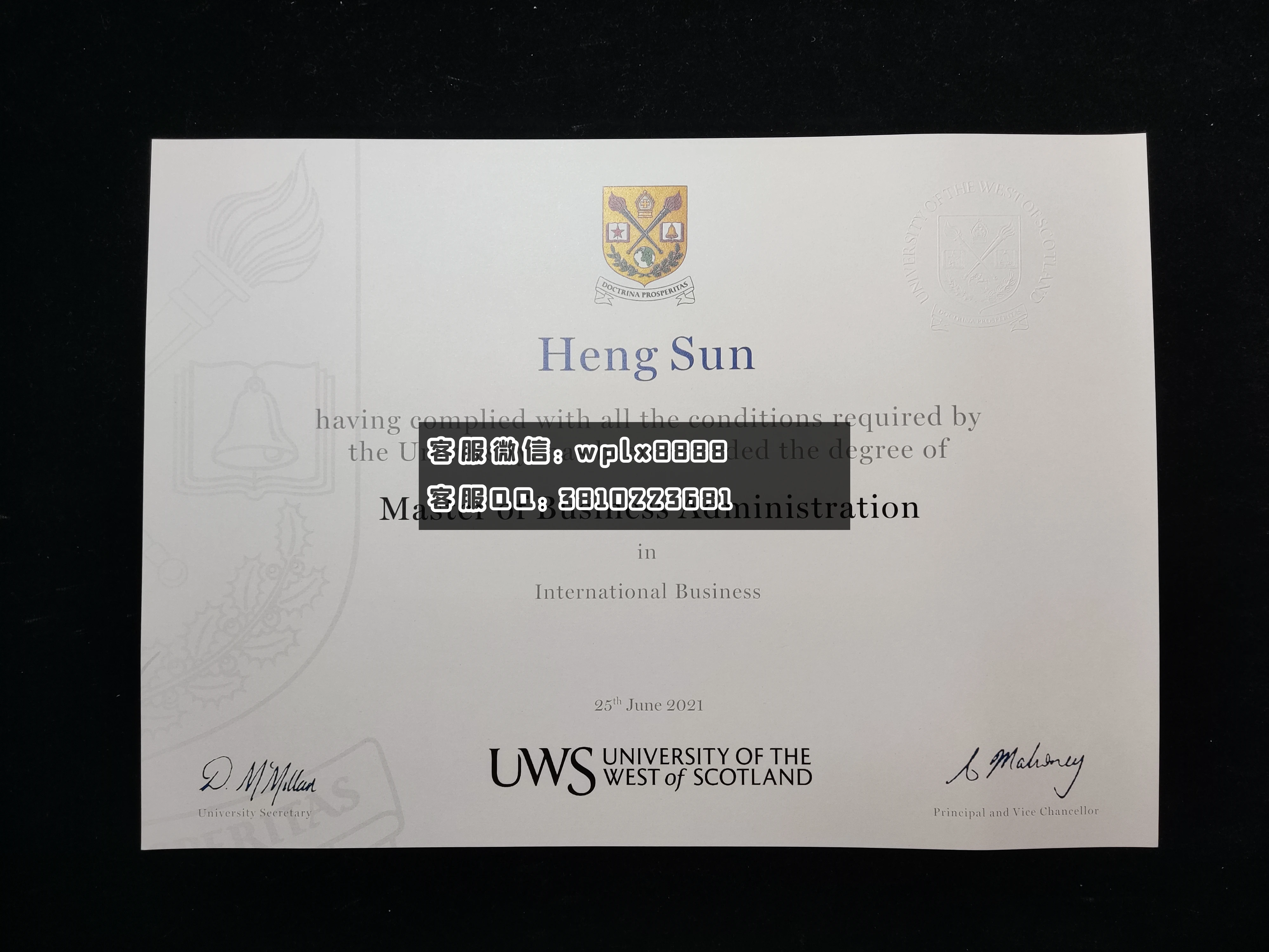 英国西苏格兰 大学毕业证 成品 Heng Sun-C