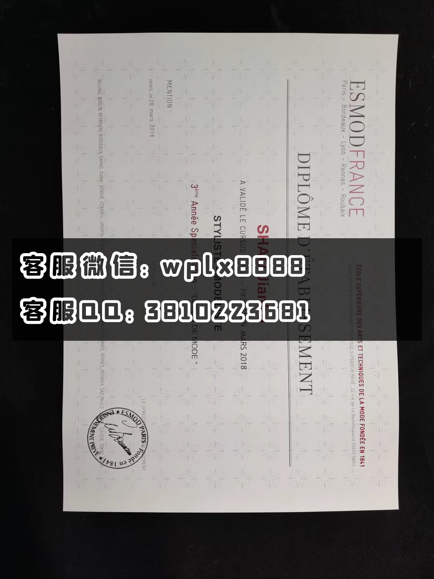 法国 ESMOD 大学毕业证 服装设计 电子版1