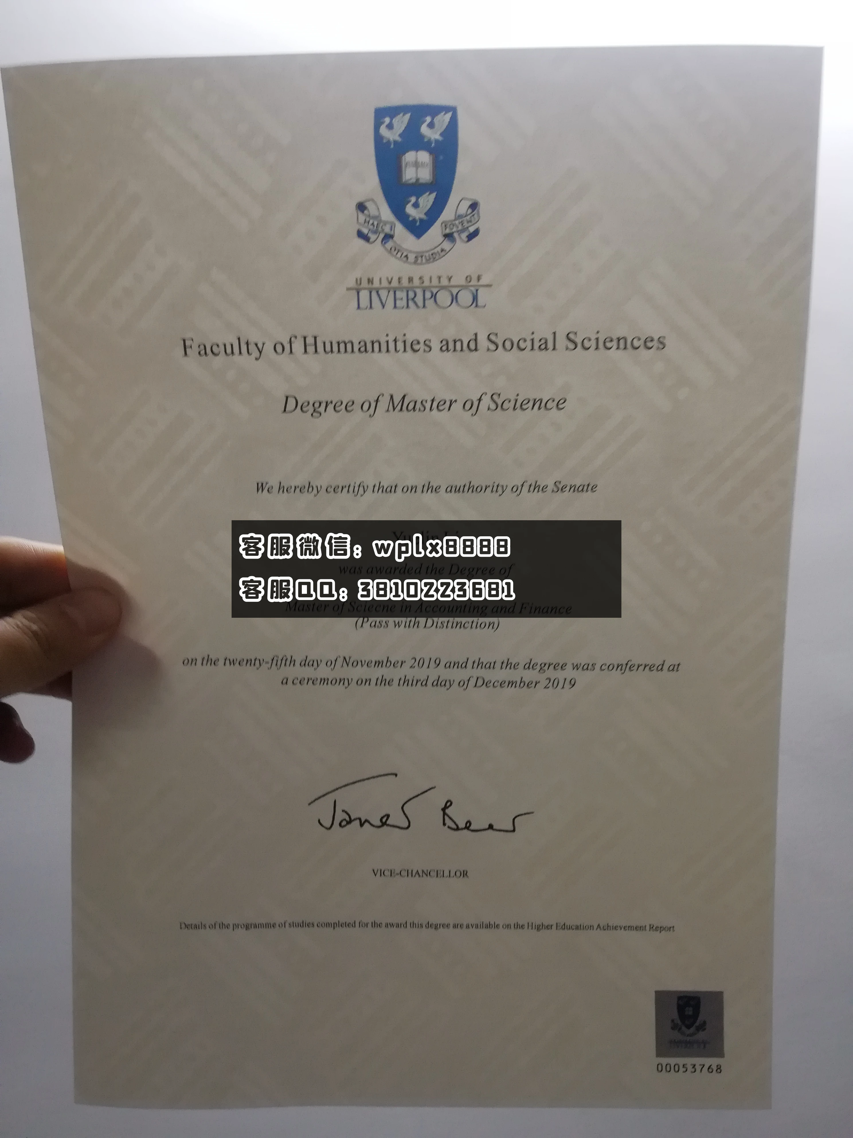 利物浦大学毕业证书水印特写