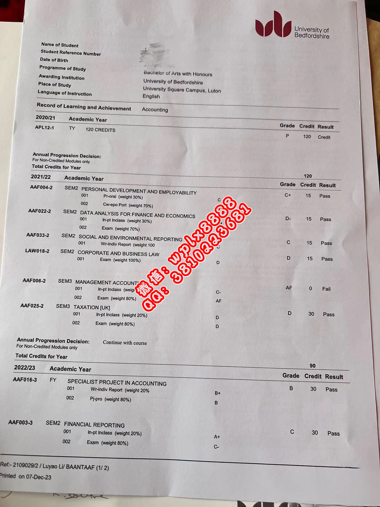 贝德福德大学毕业证样本成绩单模板