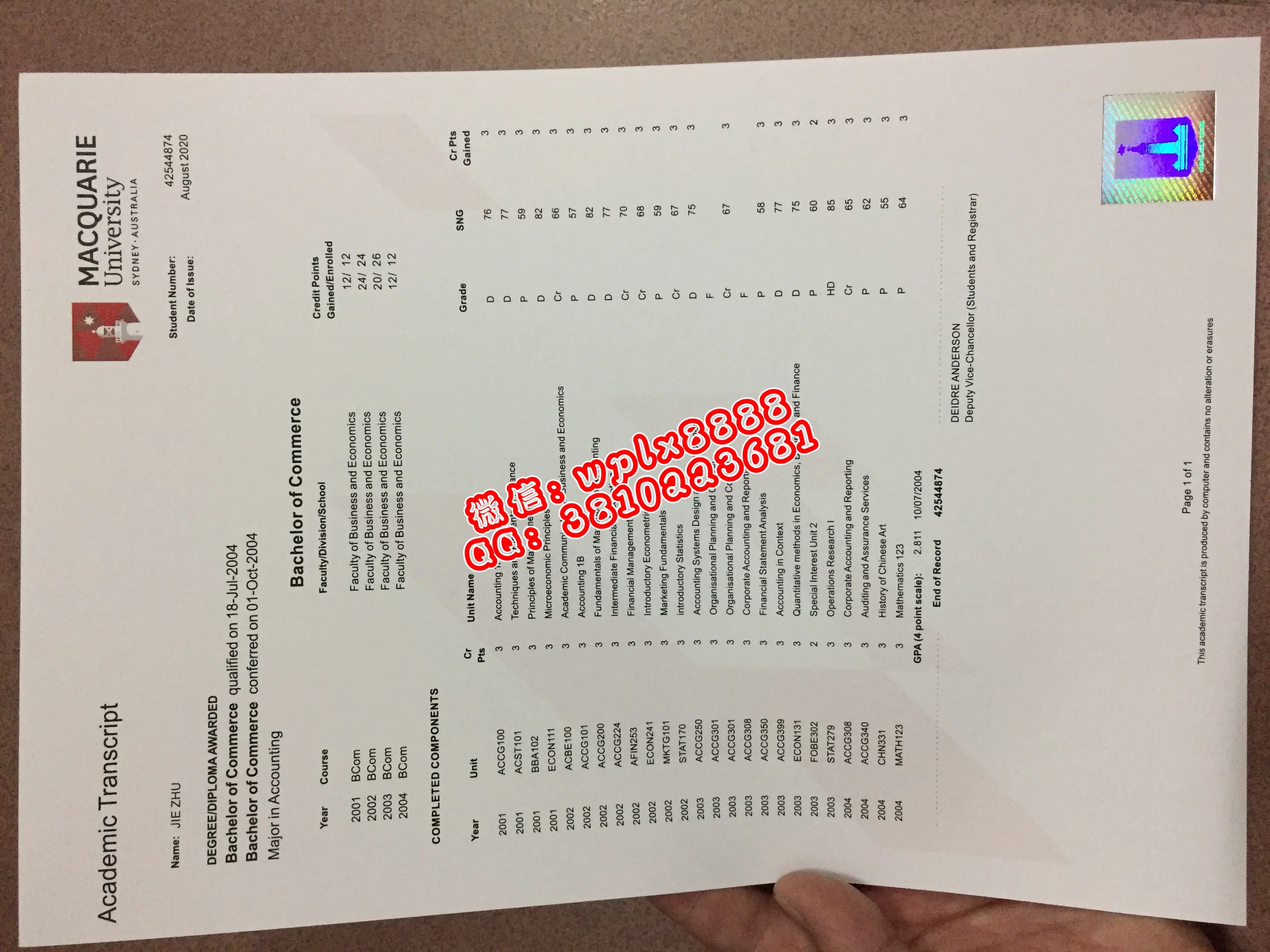 麦考瑞大学毕业证样本成绩单模板
