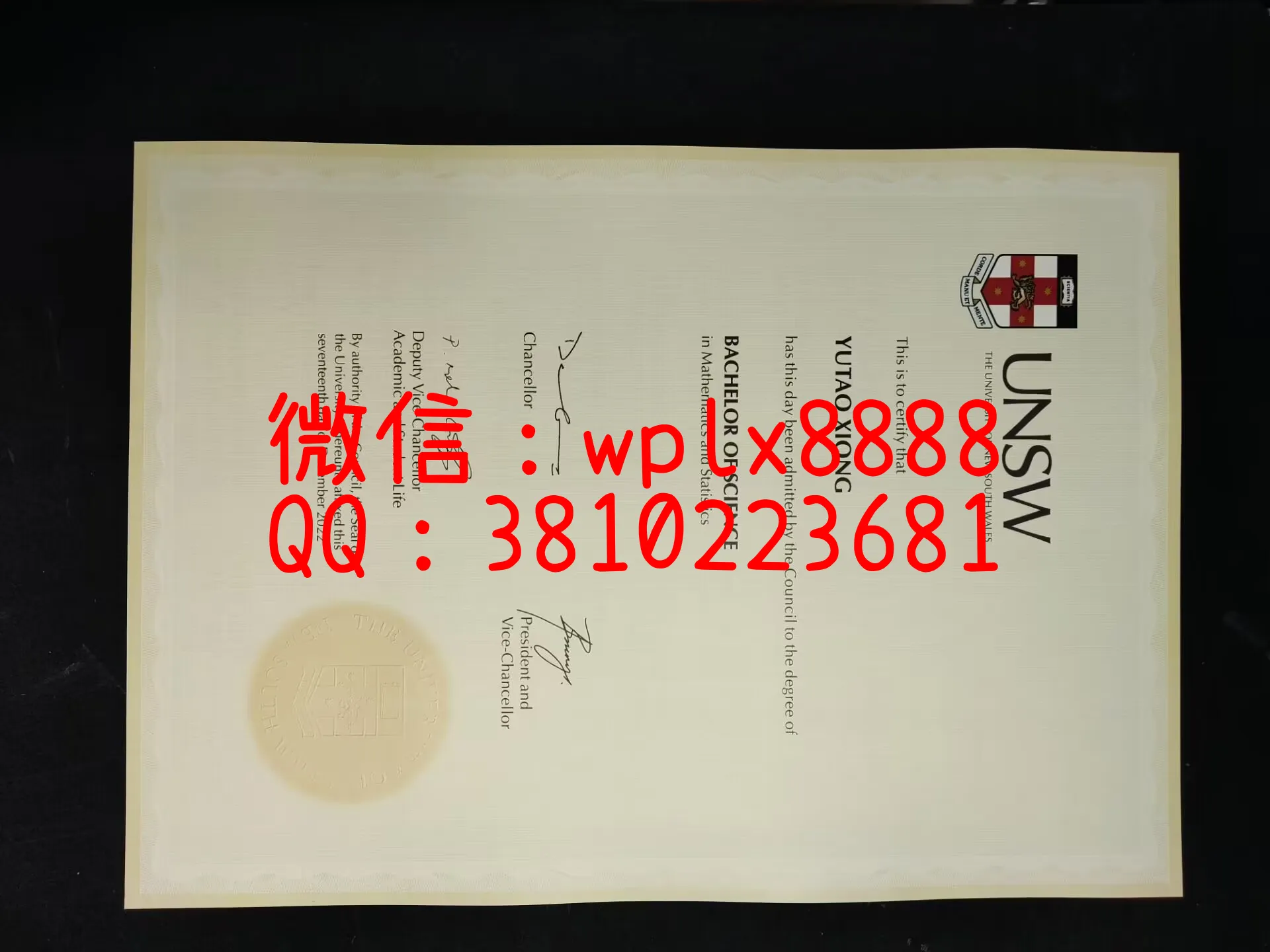 新南威尔士大学毕业证-成品-Yutao-Xiong-C