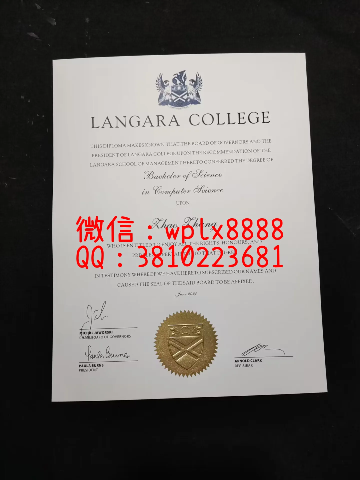 加拿大兰加拉学院毕业证-成品-Zhao-Zhang-C