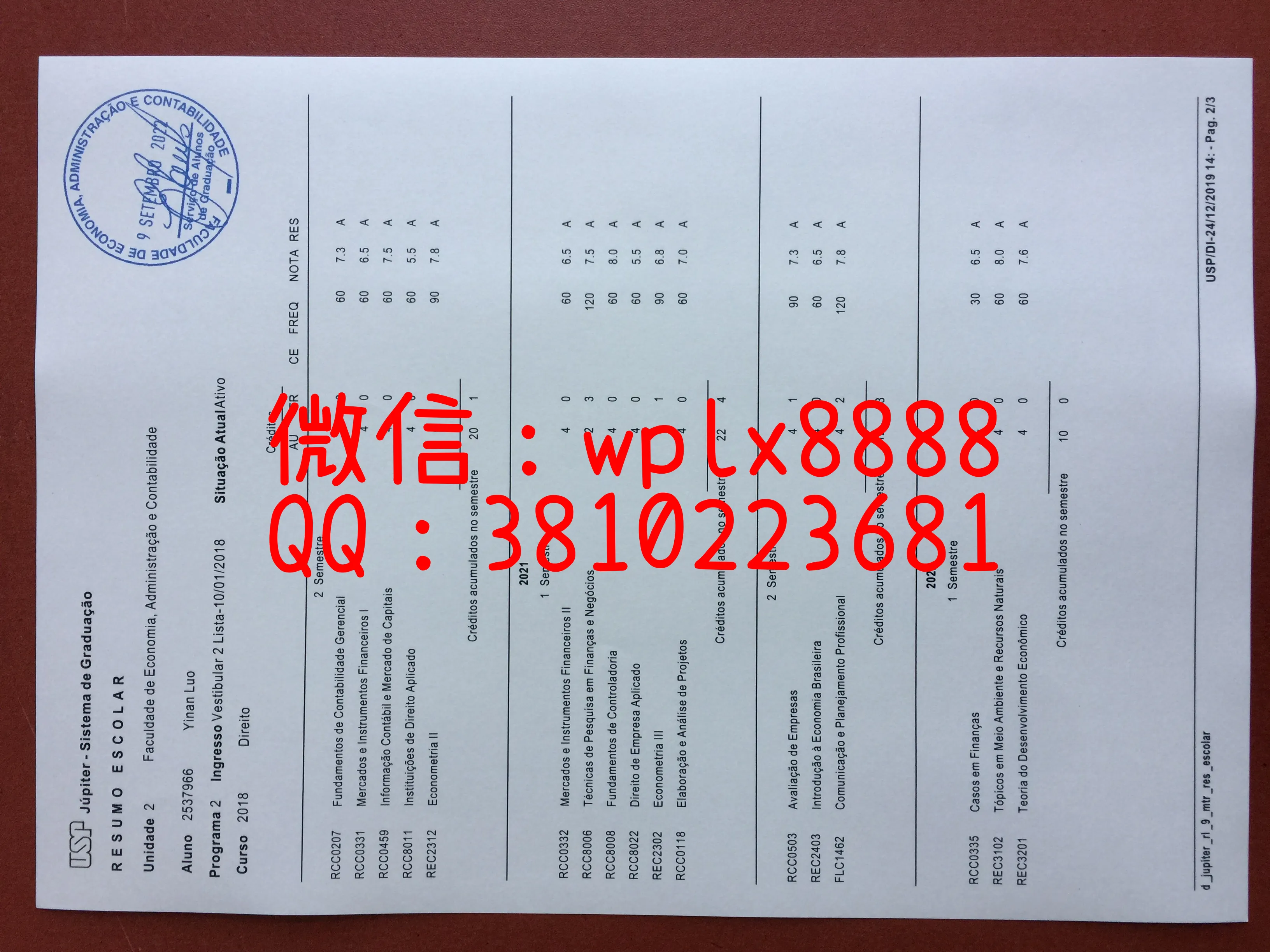 巴西圣保罗大学-成绩单成品3