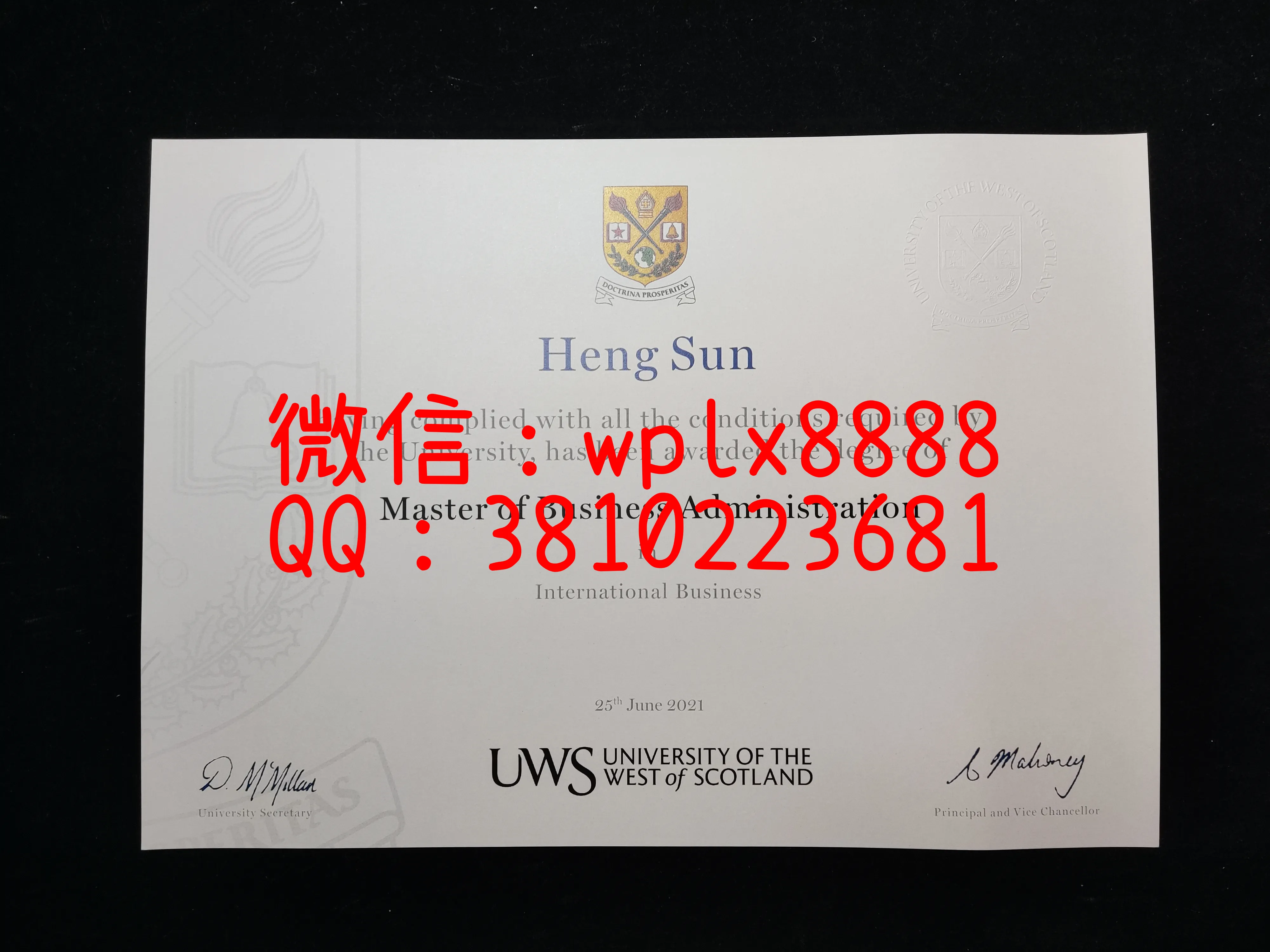 英国西苏格兰-大学毕业证-成品-Heng-Sun-C