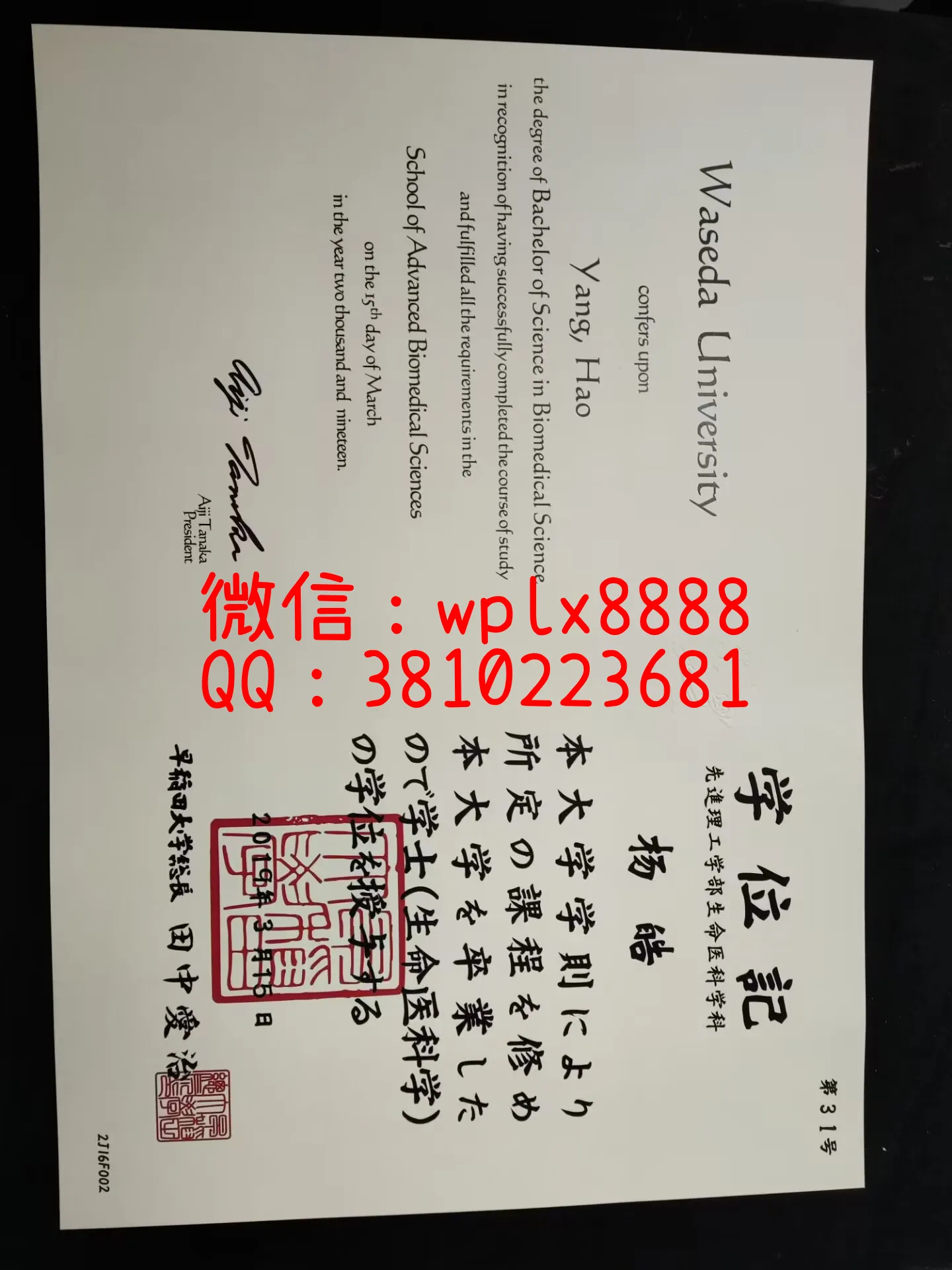 日本早稻田大学毕业证书-成品-Yang-Hao-C