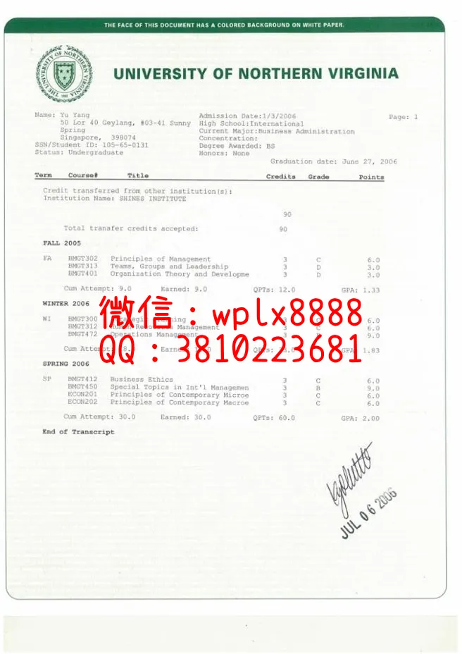 美国北弗吉大成绩正面