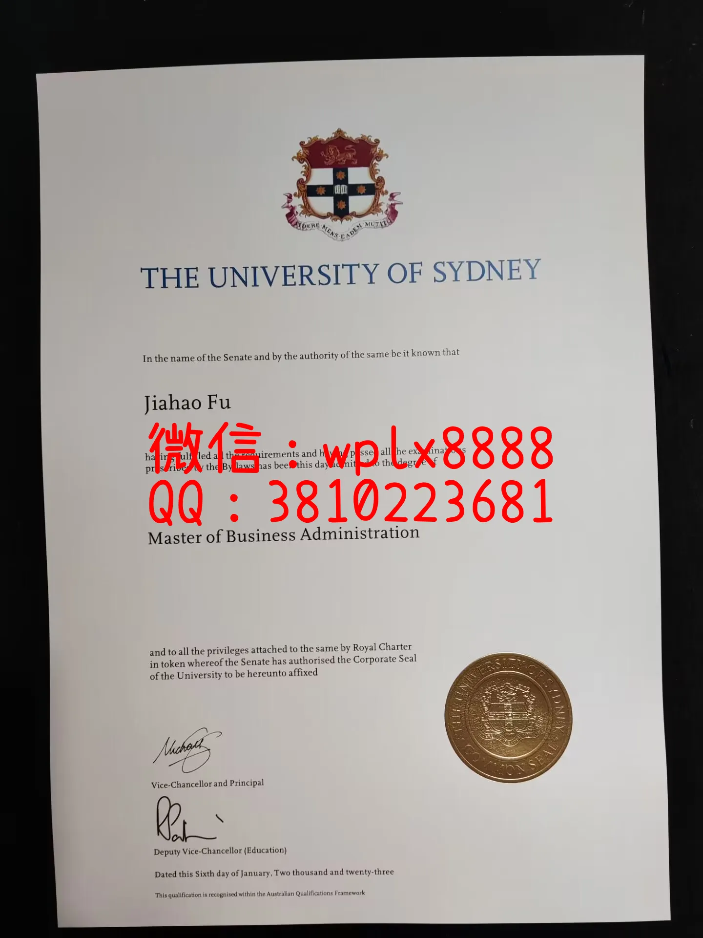 澳洲悉尼大学毕业证-成品Jiahao-Fu-C