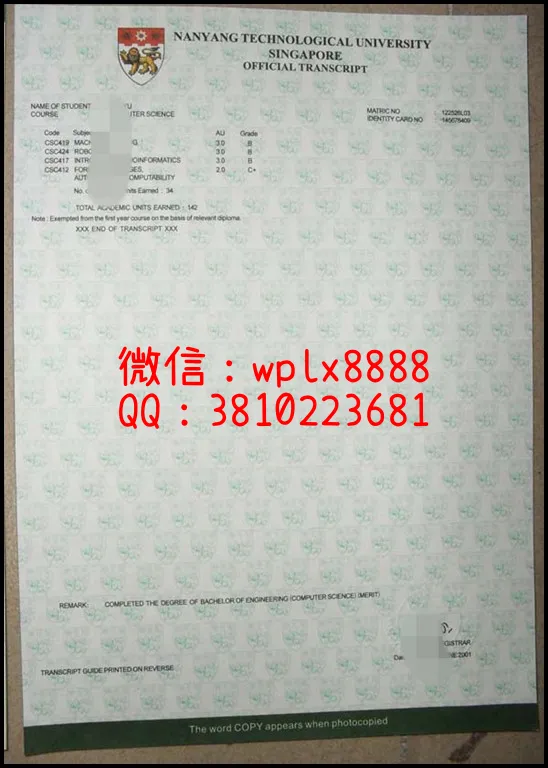 新加坡南洋理工大学[Nanyang-Technological-University]成绩单样本2_副本