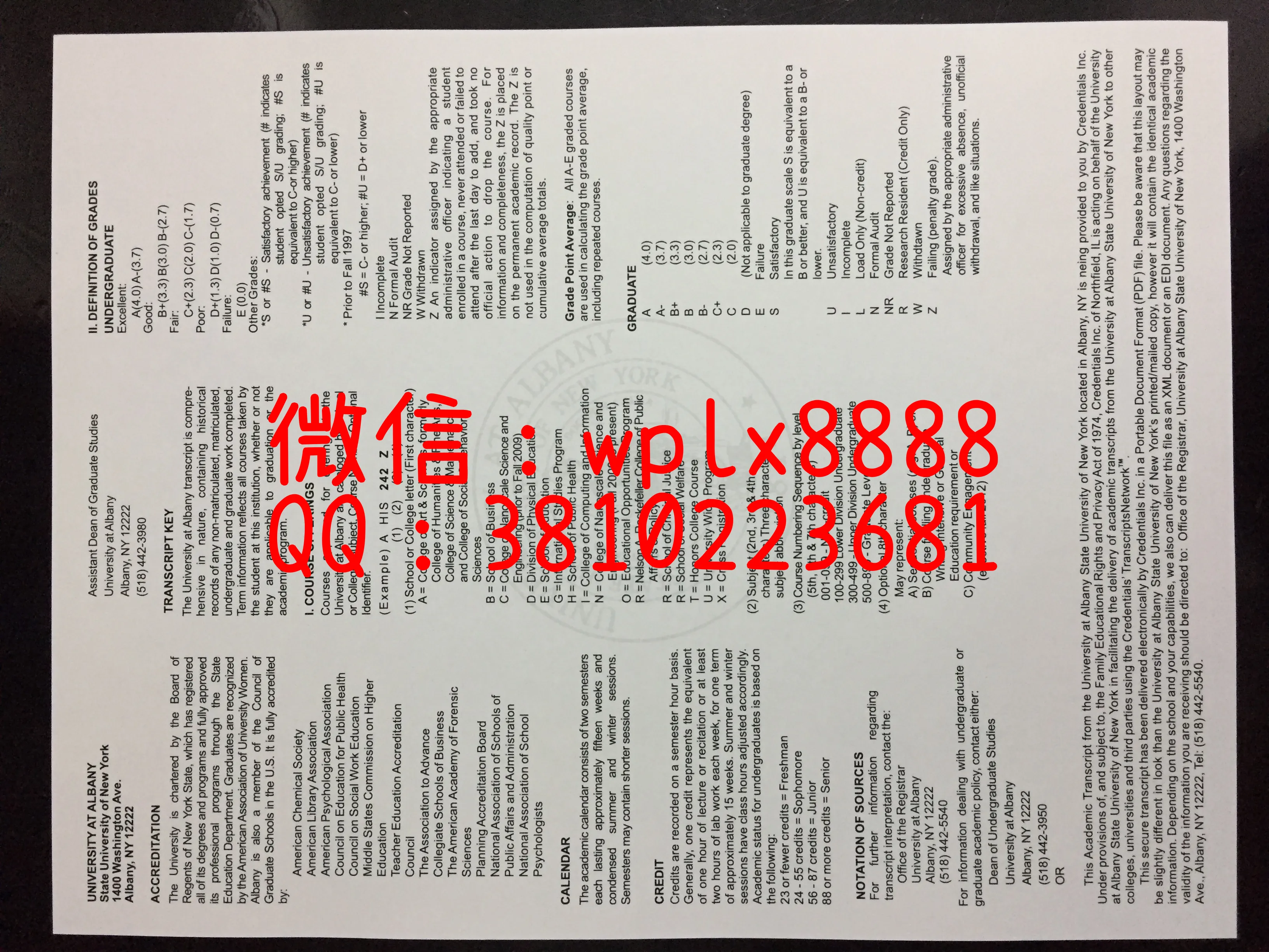 纽约州立大学奥尔巴尼分校成绩单反面