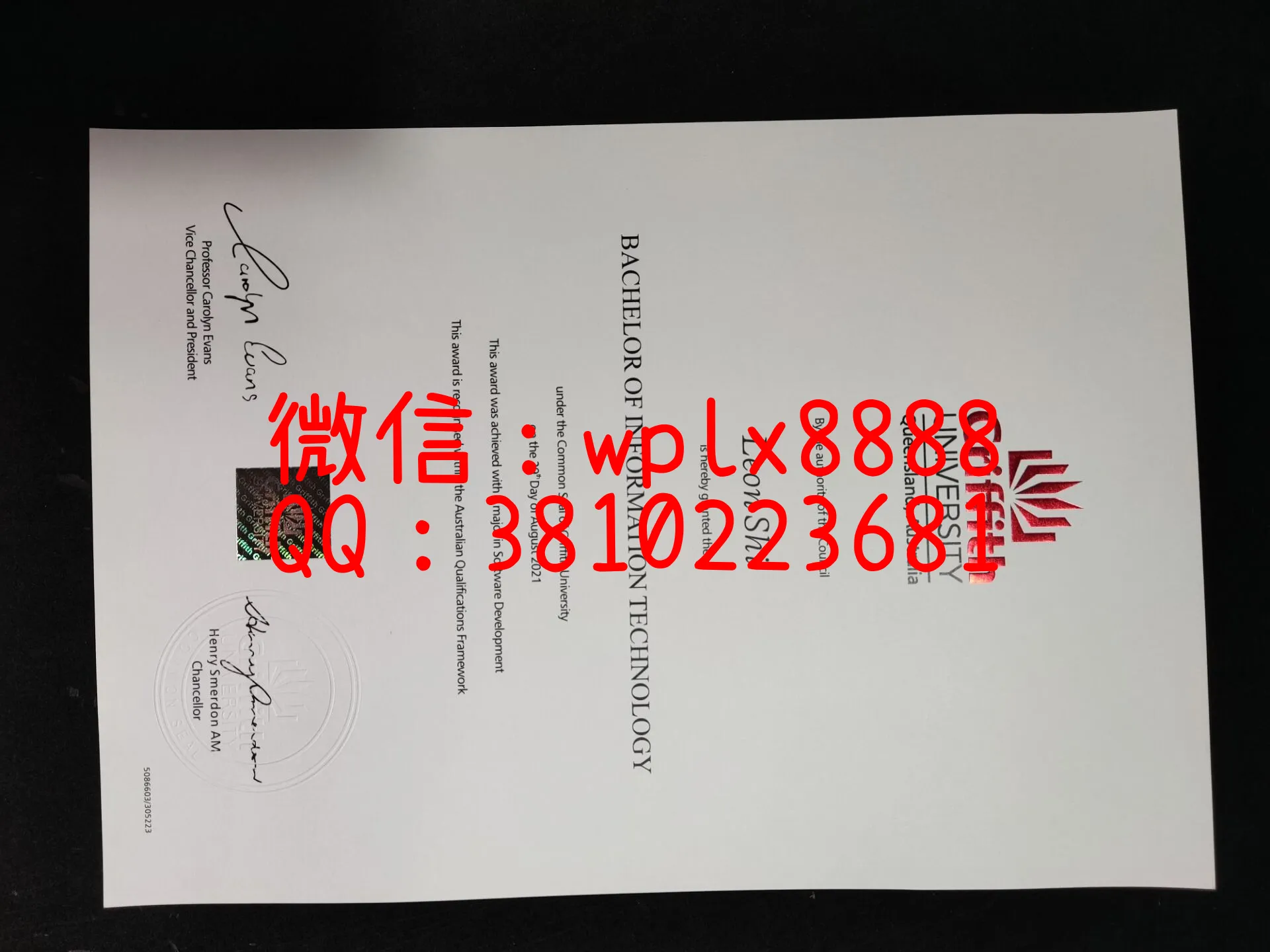 澳洲格里菲斯大学毕业证-成品-Leon-shi-C