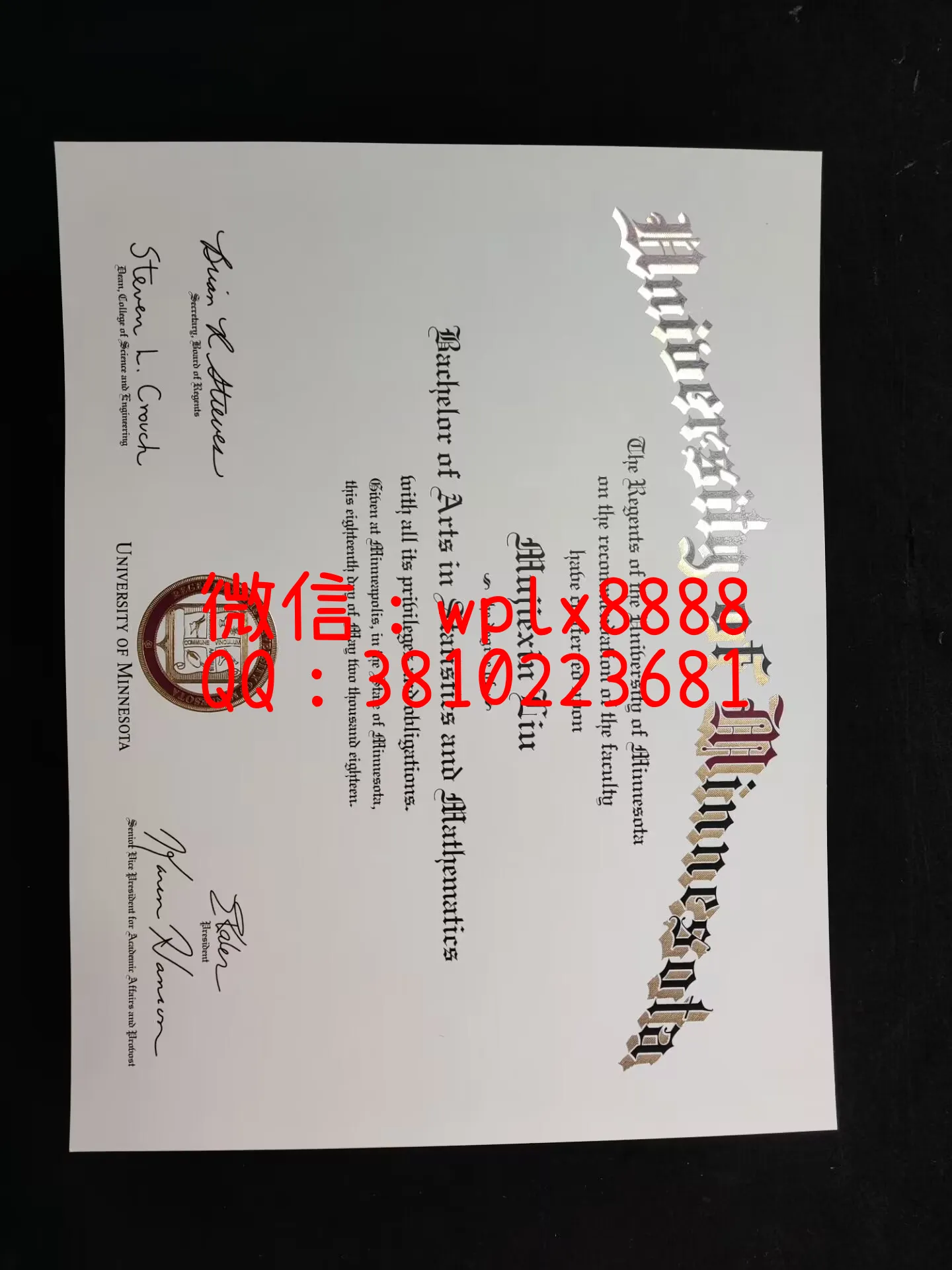 美国明尼苏达大学毕业证-成品Mujiexin-Liu-C