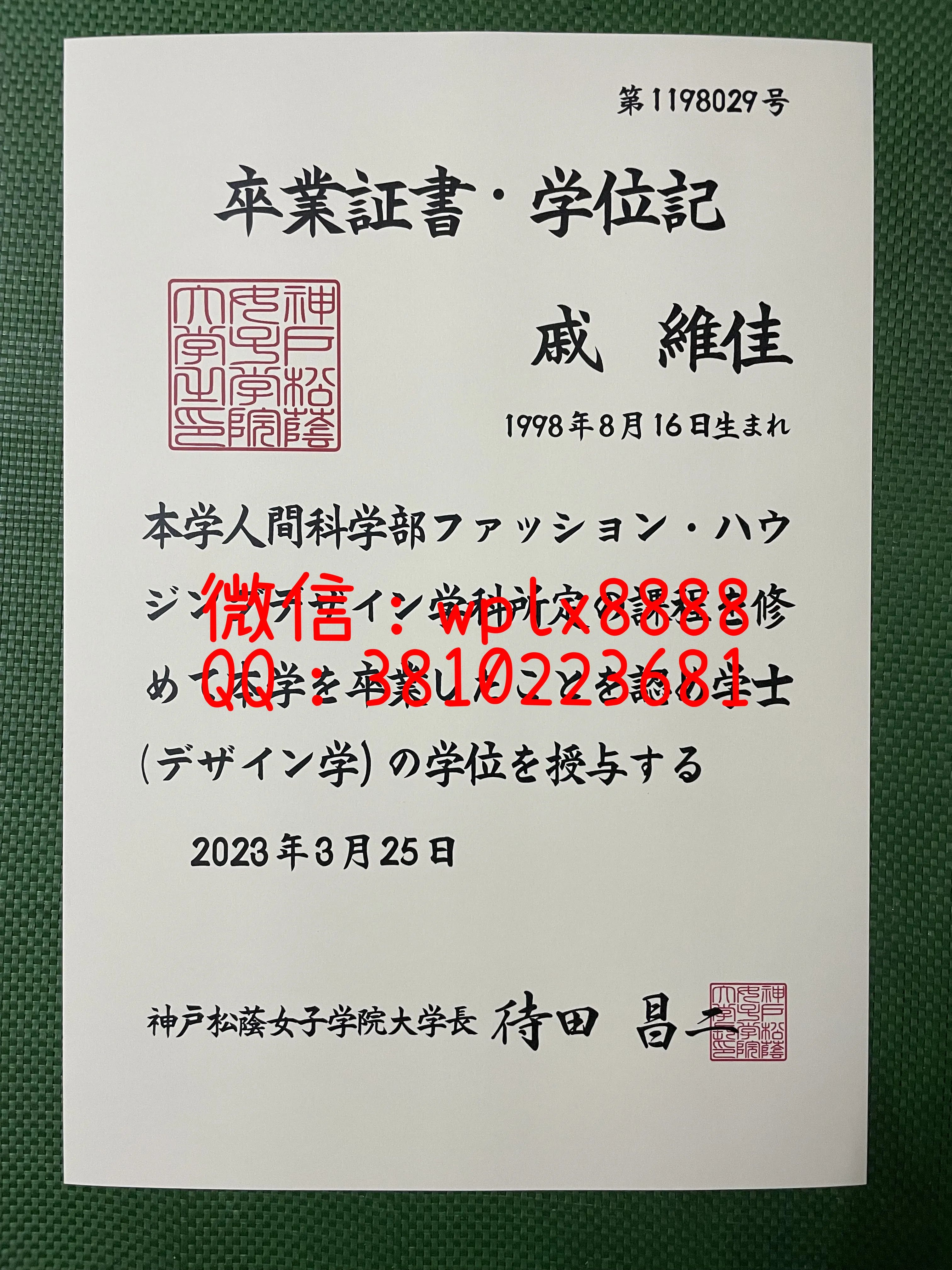 日本神戸松蔭女子学院大学毕业证-成品