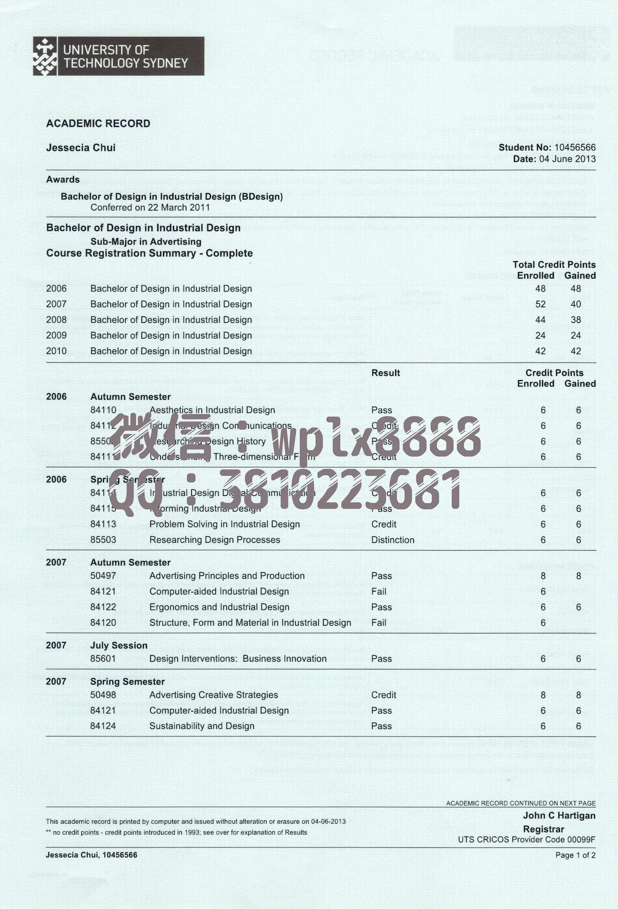 澳大利亚悉尼科技大学成绩单