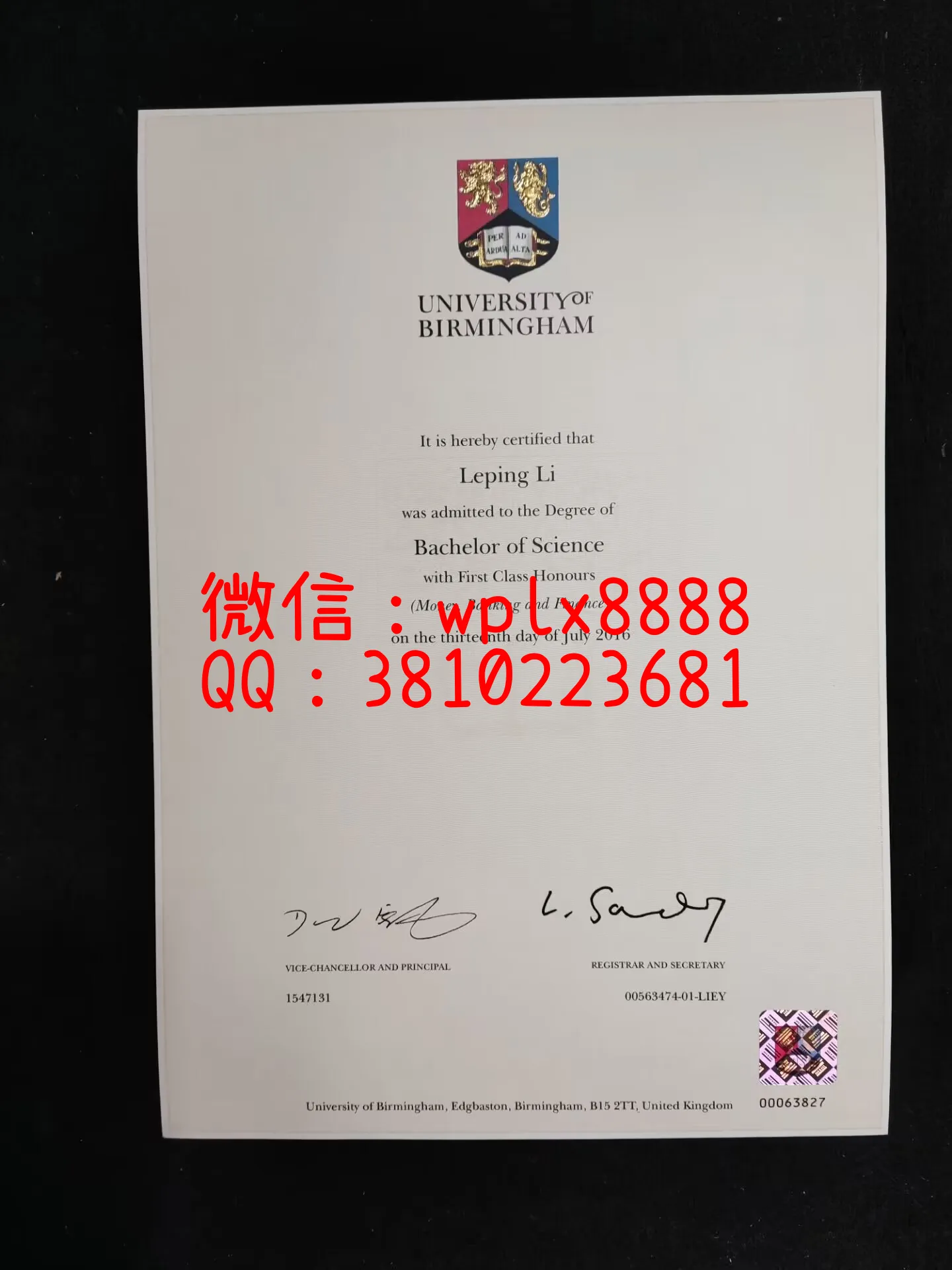 英国伯明翰大学毕业证书-成品-Leping-Li-C