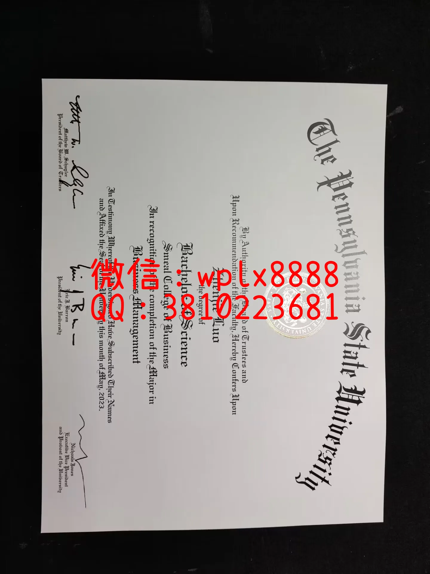 美国宾夕法尼亚州立大学毕业证-成品Zhenjie-Luo-C