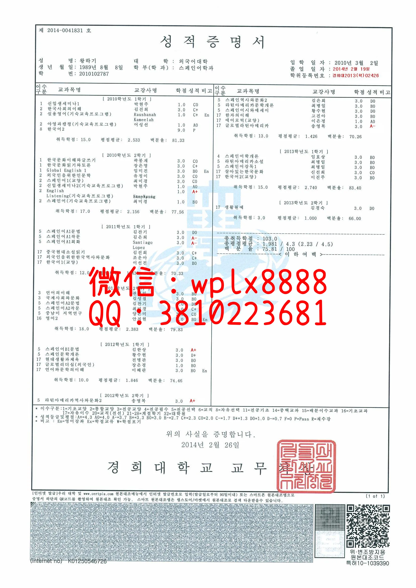 韩国庆熙大学成绩单-(2)