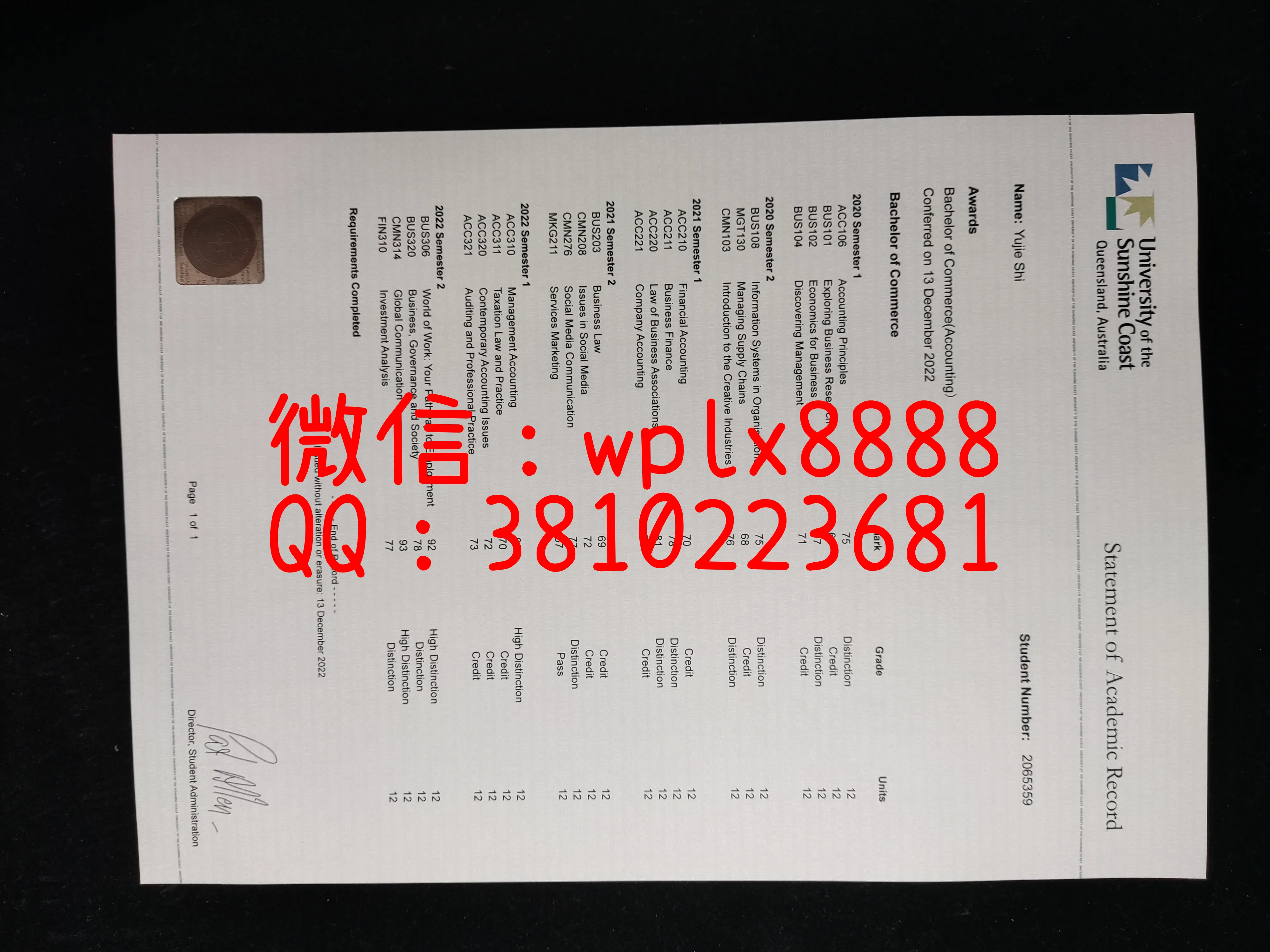 美国阳光海岸大学成绩单-成品1Fangxinyi-Yang-T