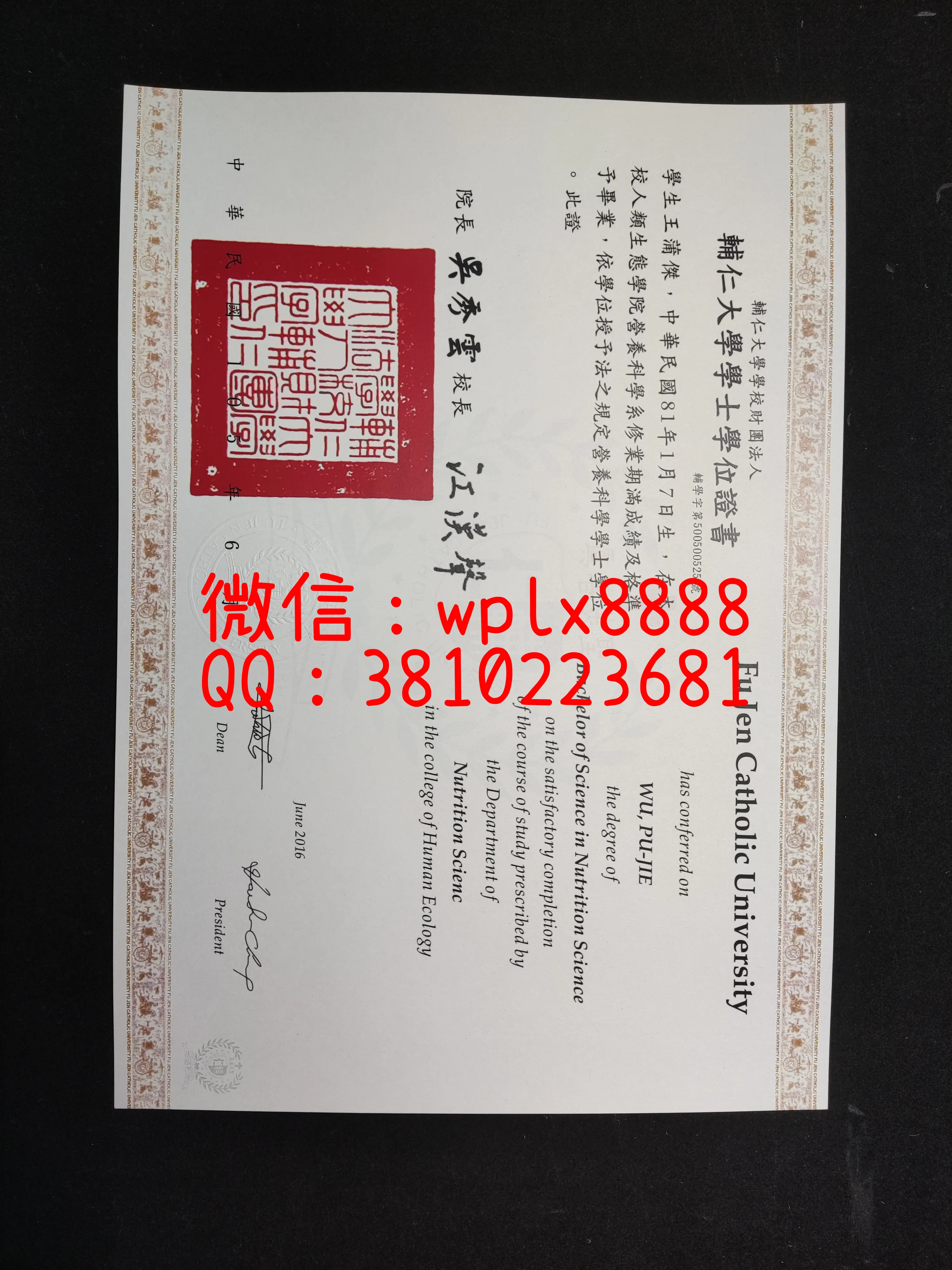 台湾辅仁大学毕业证书模板-0525-成品