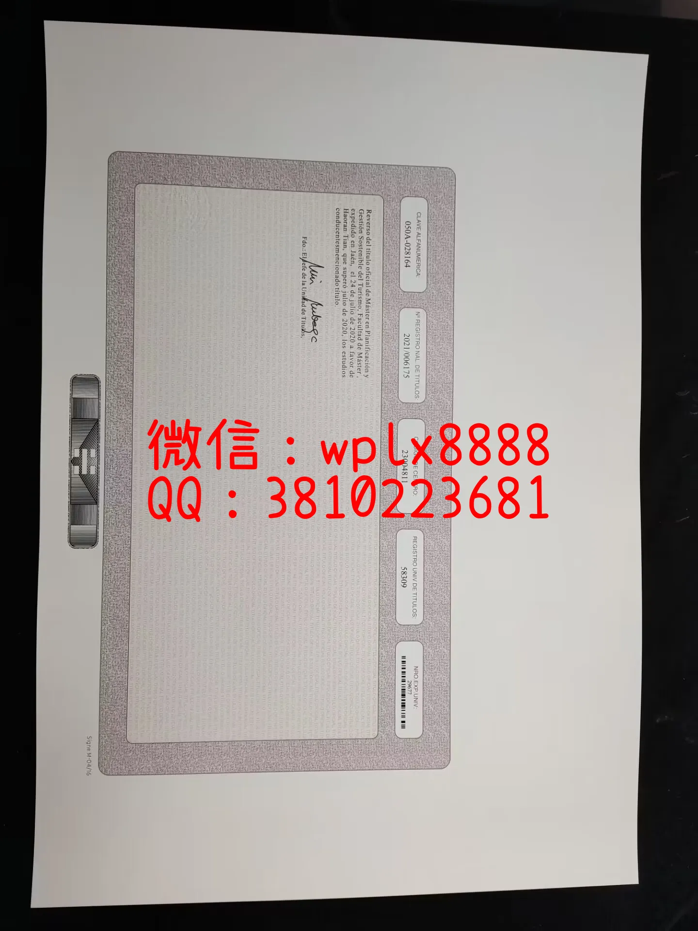 西班牙哈恩大学毕业证-反面-成品