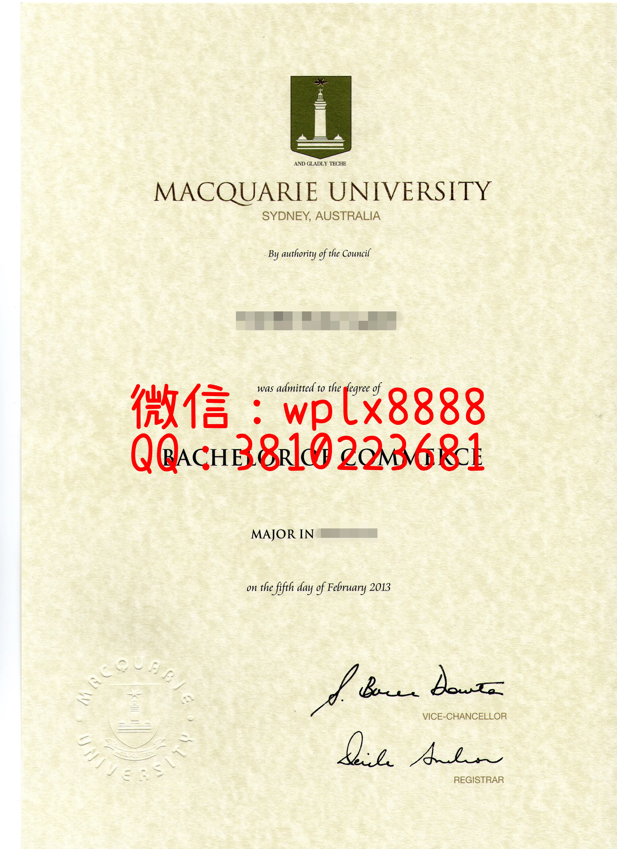 麦考瑞大学毕业证样本成绩单模板