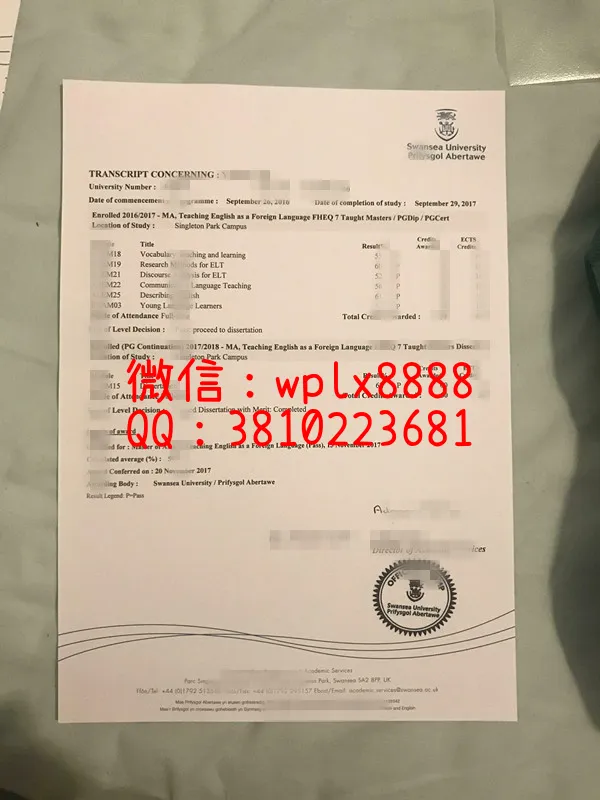 斯旺西大学毕业证样本成绩单模板