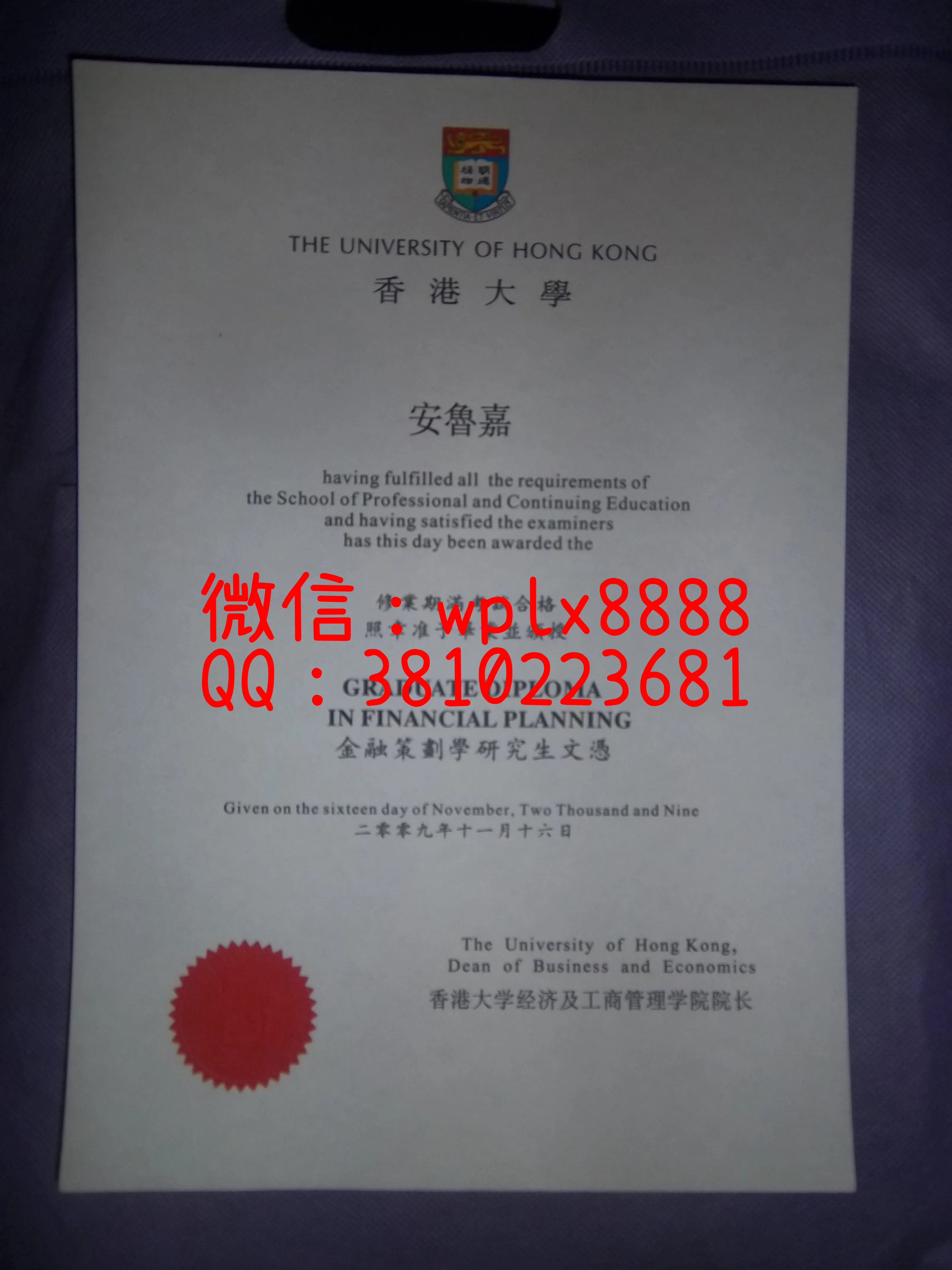 香港大学2009年毕业证