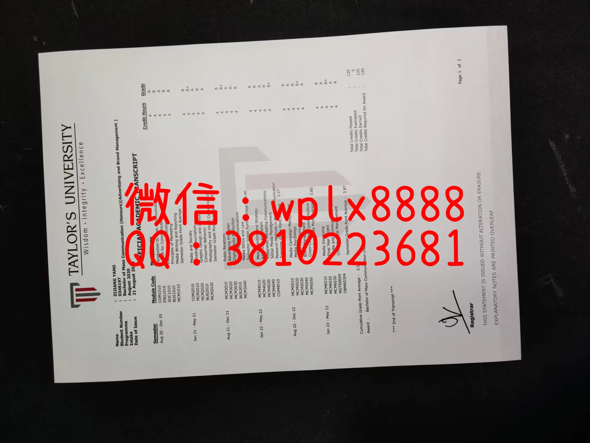 马拉西亚泰莱大学毕业证-成品-Zijiang-Yang-C(1)