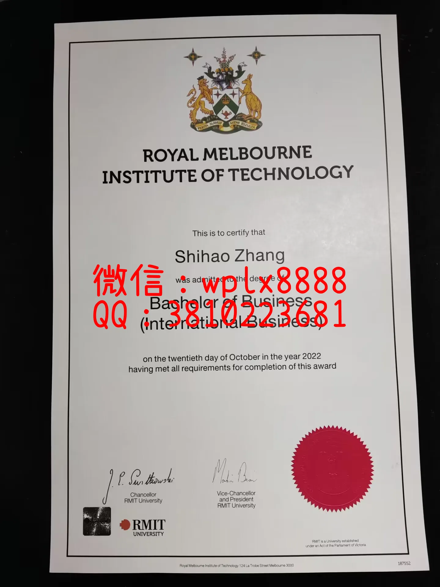 澳洲皇家墨尔本理工大学毕业证-成品-Shihao-Zhang-C