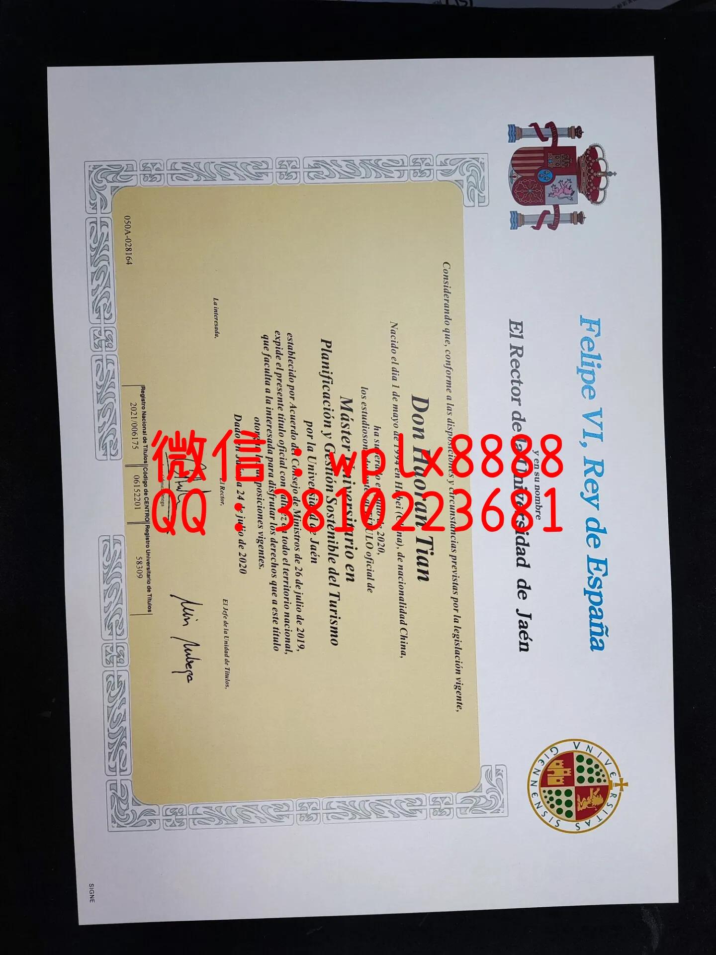 西班牙哈恩大学毕业证-正面-成品