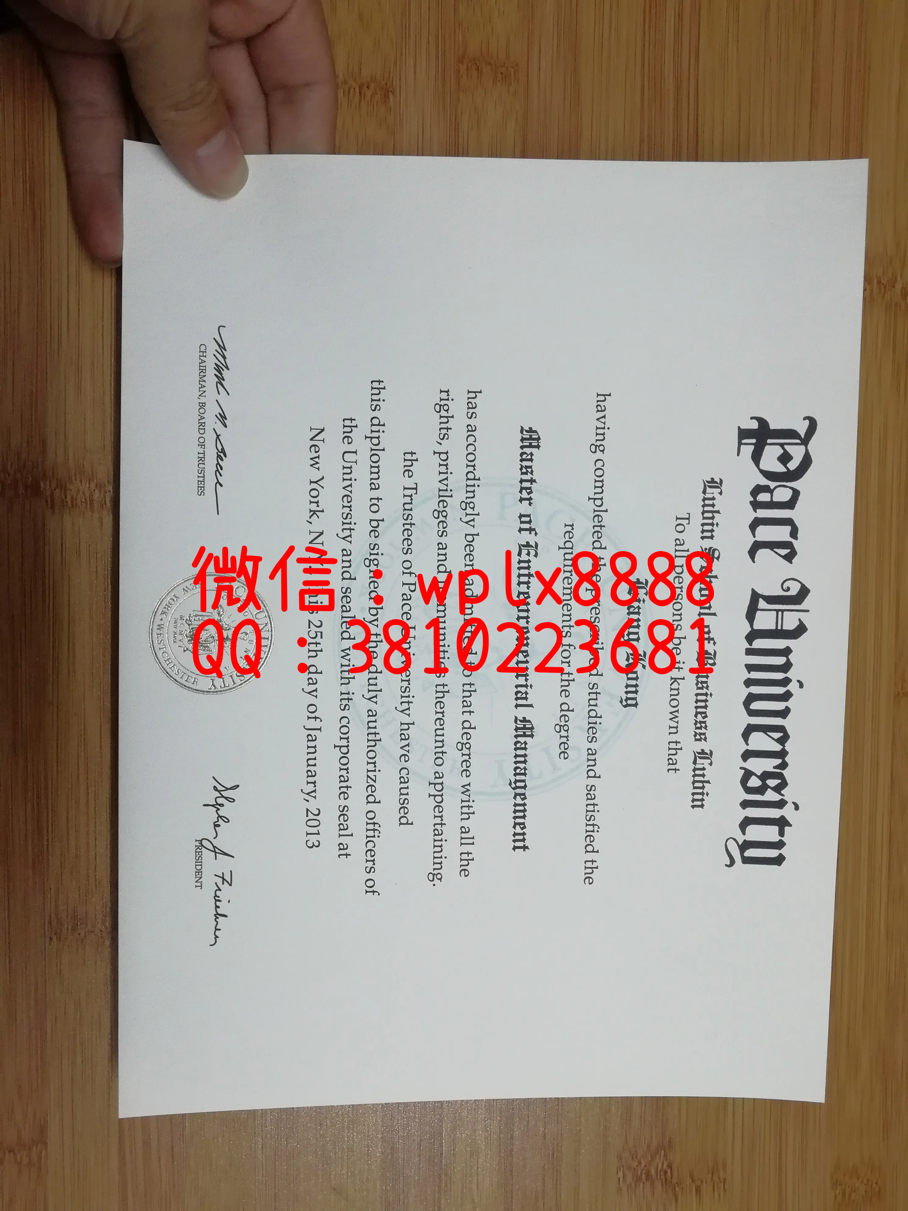 佩斯大学毕业证书内页