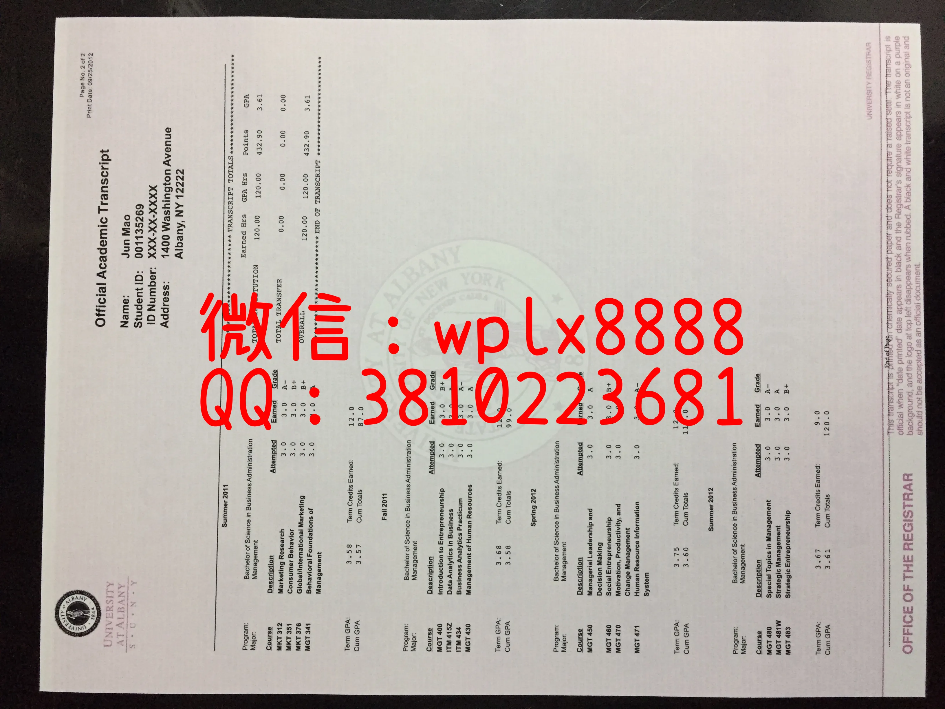 纽约州立大学奥尔巴尼分校成绩单1