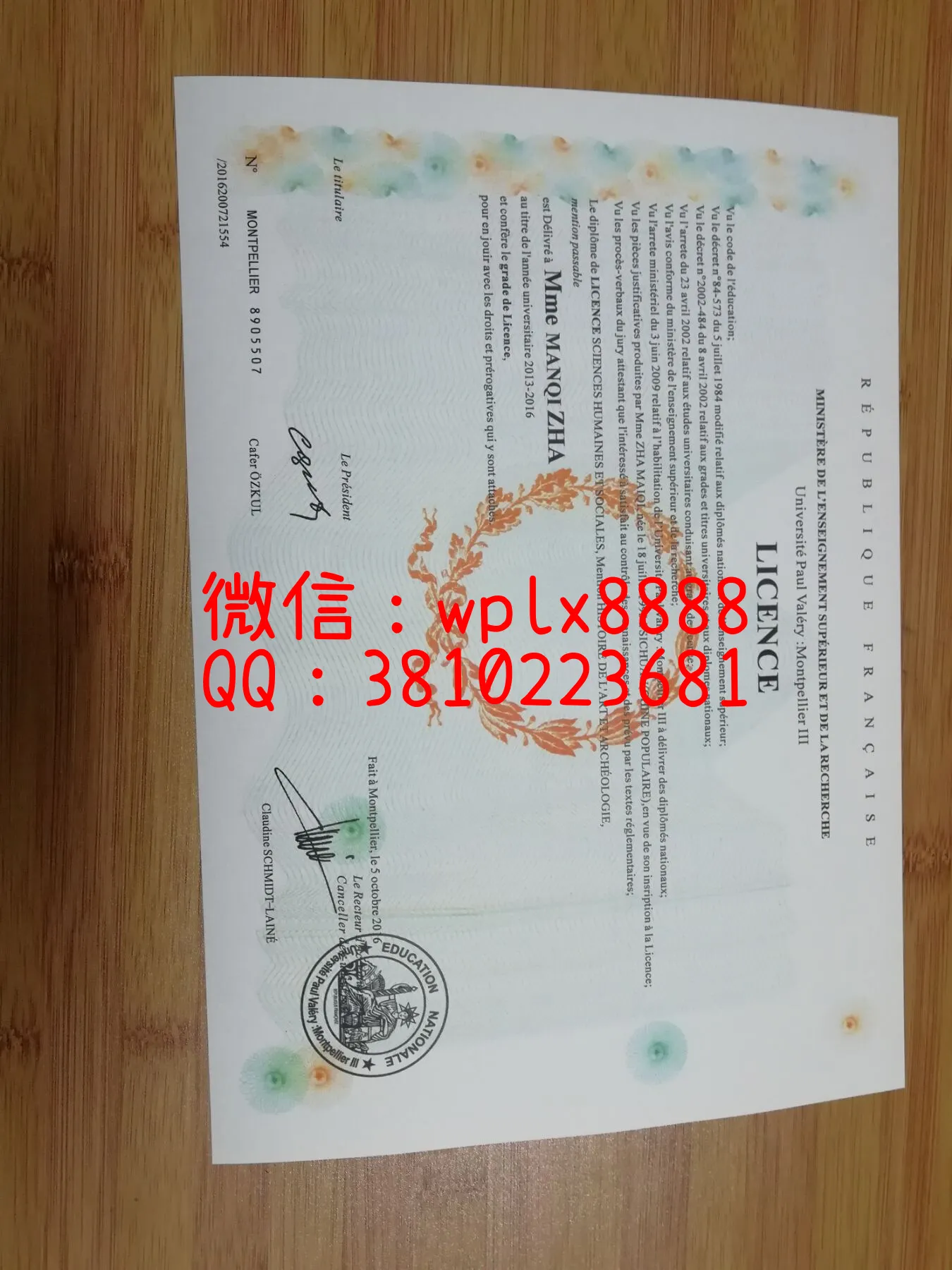 法国蒙比利埃第三大学毕业证书实拍