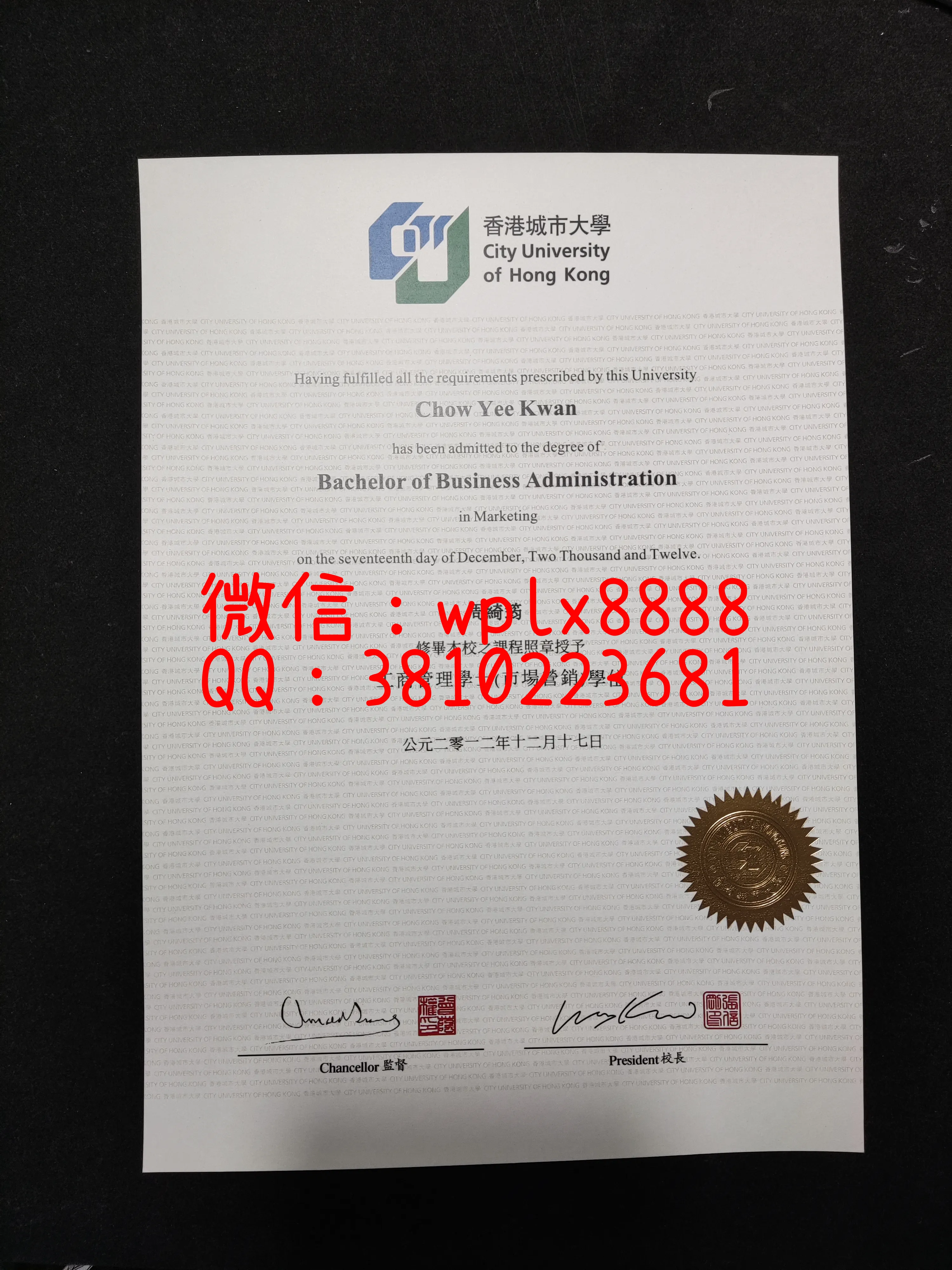 香港城市大学毕业证-成品-WSM