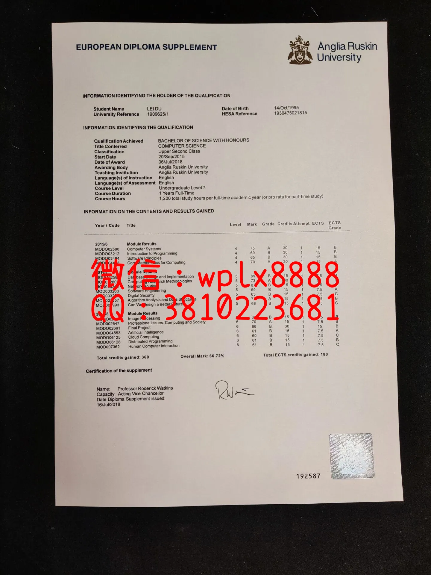 英国安格利亚鲁斯金大学-成绩单