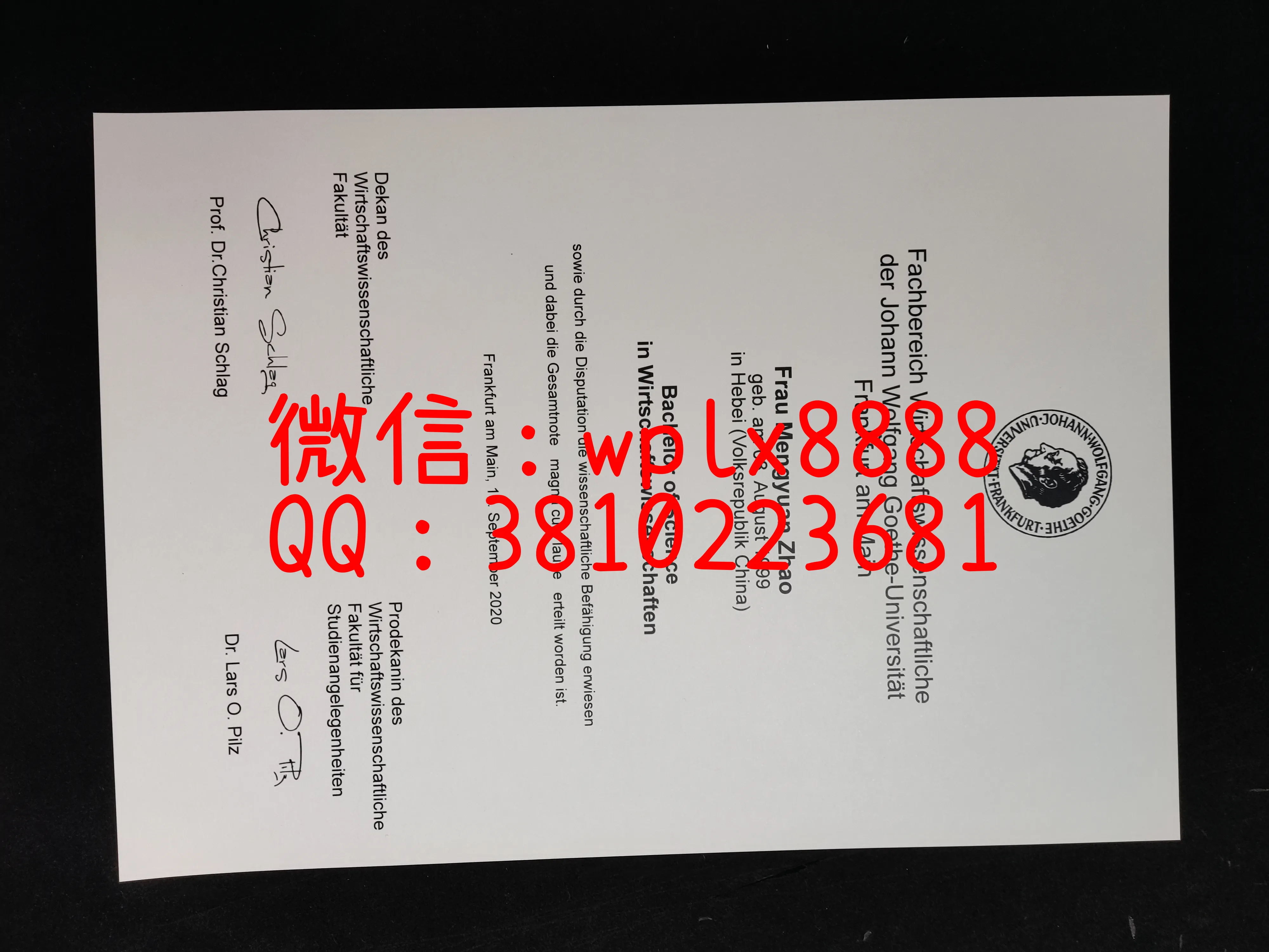 德国法兰克福大学毕业证1-成品